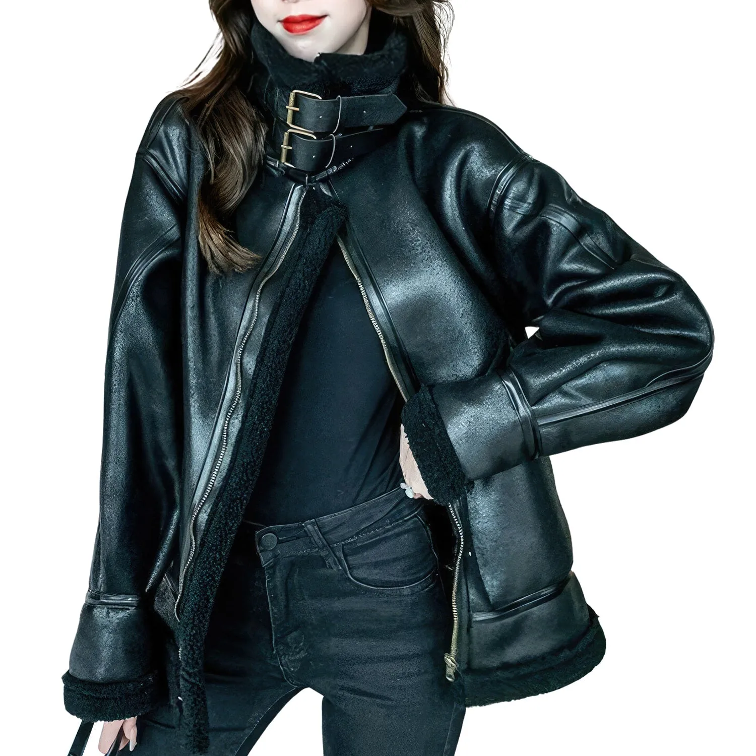 : Women’s Black Aviator Genuine Sheepskin Sherpa Shearling Faux Fur Lined Thick Winter Warm Streetwear Chic Flight Pilot Leather Jacket