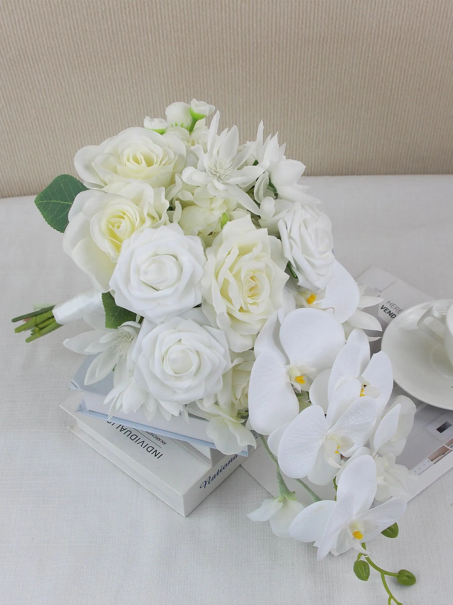 11 inch wide Pure White Cascading Bridal Bouquet