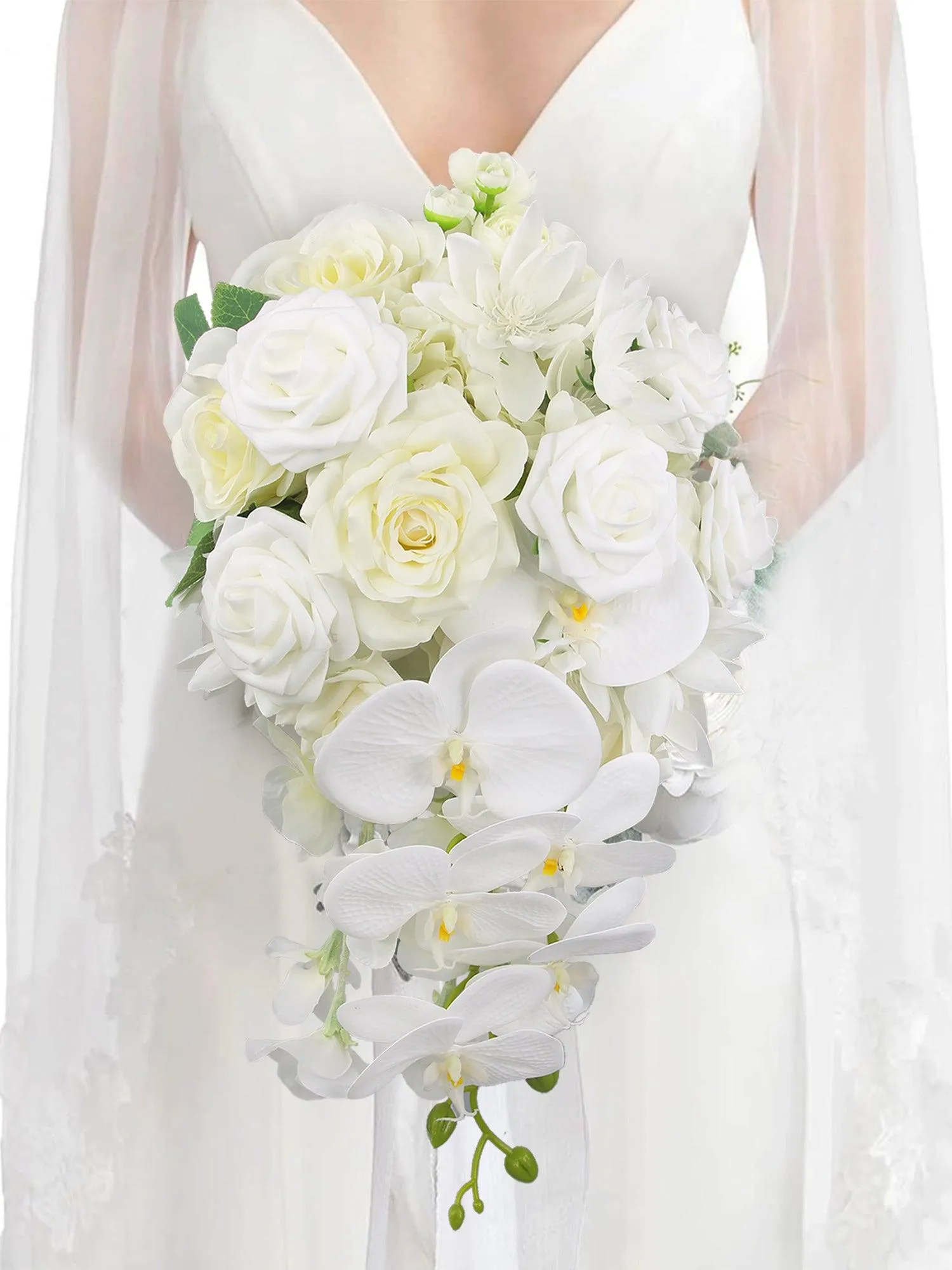 11 inch wide Pure White Cascading Bridal Bouquet