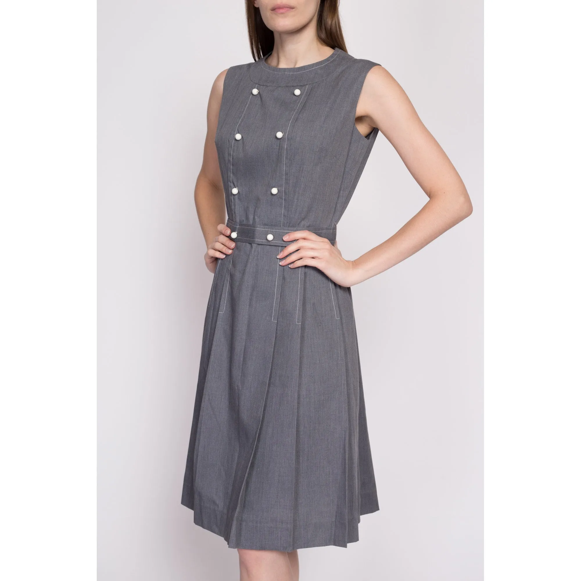 60s Grey Double Breasted Fit & Flare Dress - Small