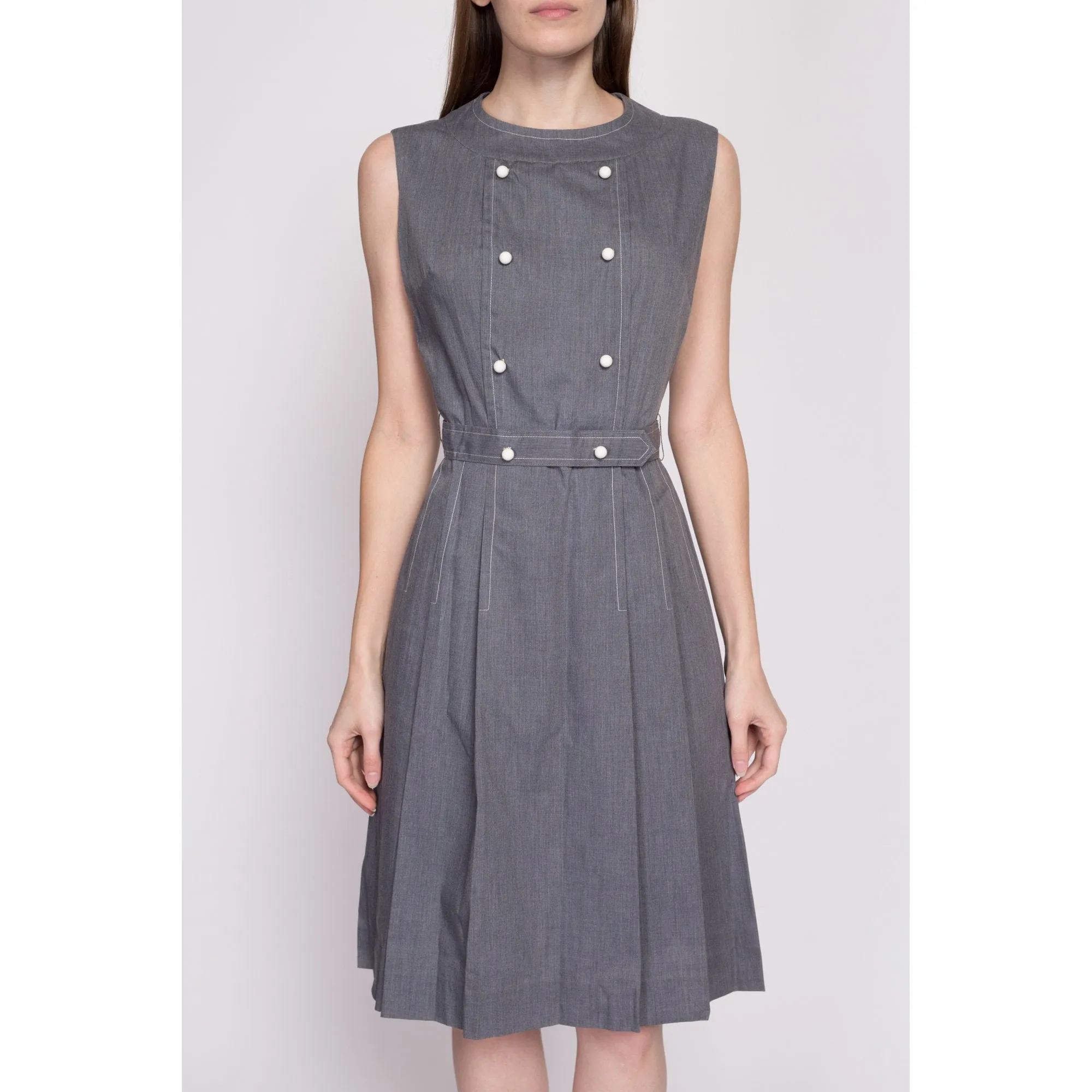 60s Grey Double Breasted Fit & Flare Dress - Small