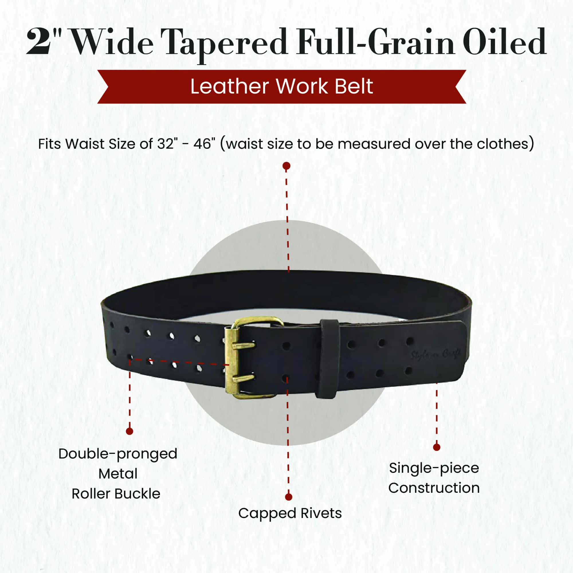 74052 - 2 Inch Wide Work Belt in Dark Brown Full Grain Oiled Leather | Style n Craft