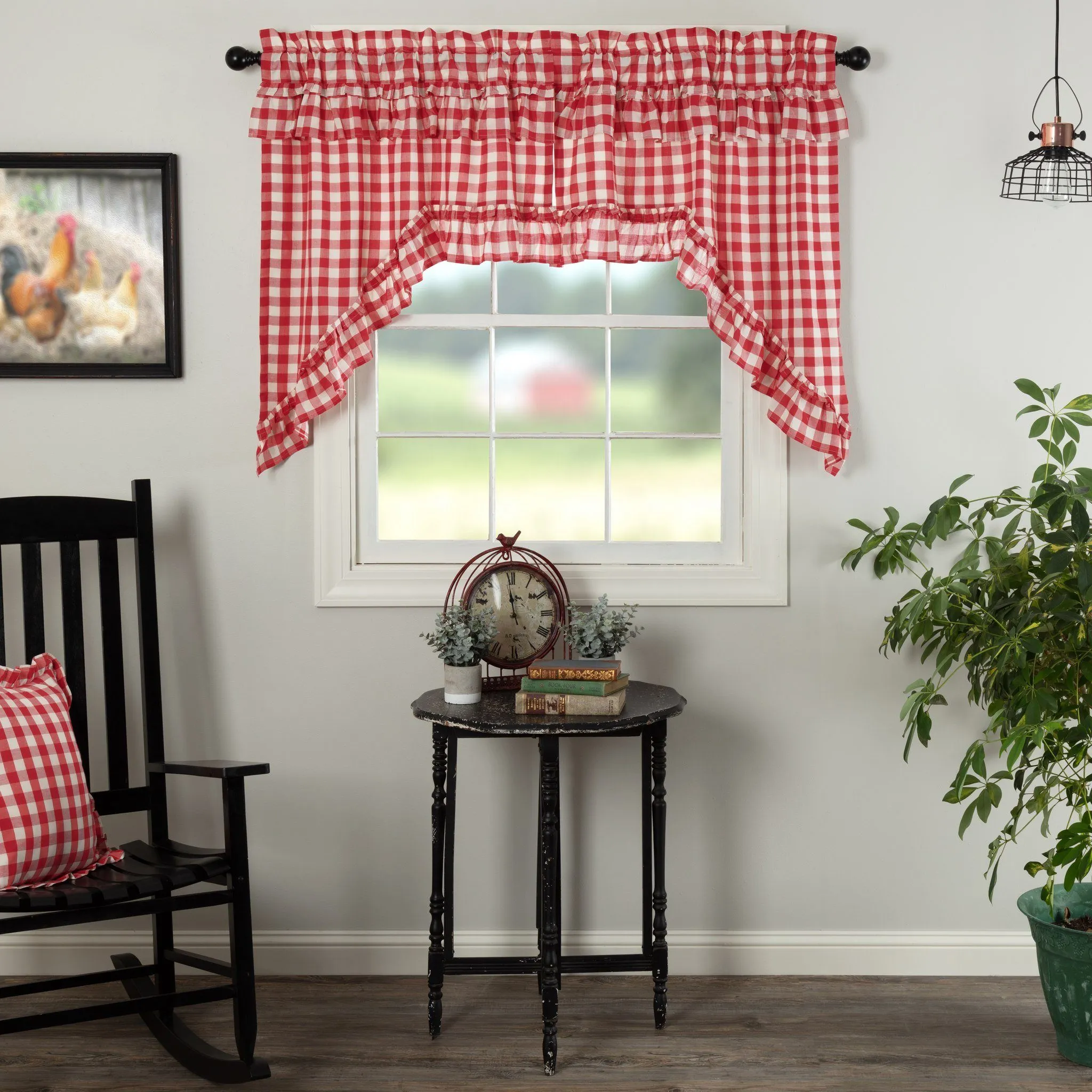 Annie Buffalo Check Red Ruffled Lined Swag Curtains