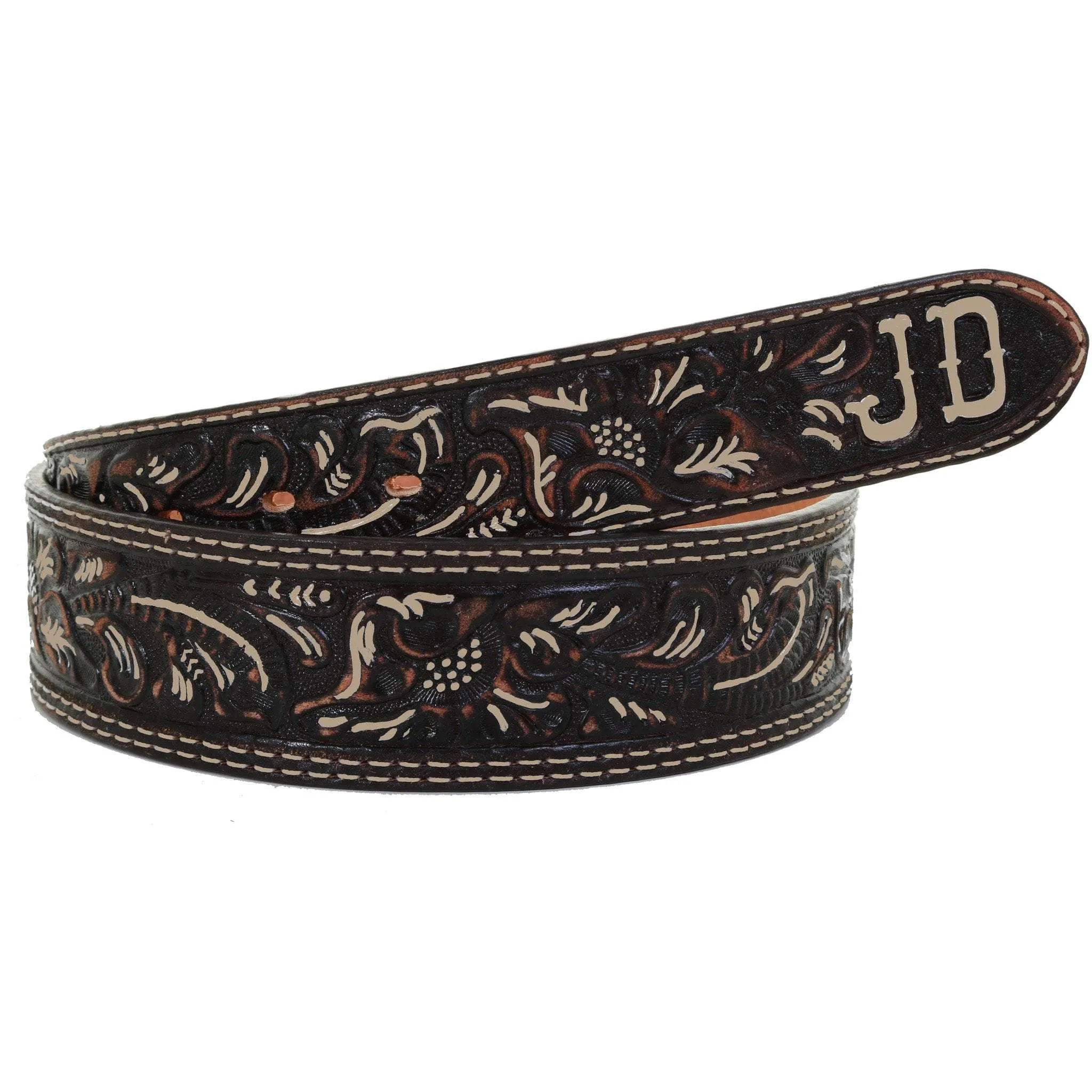 B1064B - FAST SHIP Brown Vintage Tooled Belt with Initials