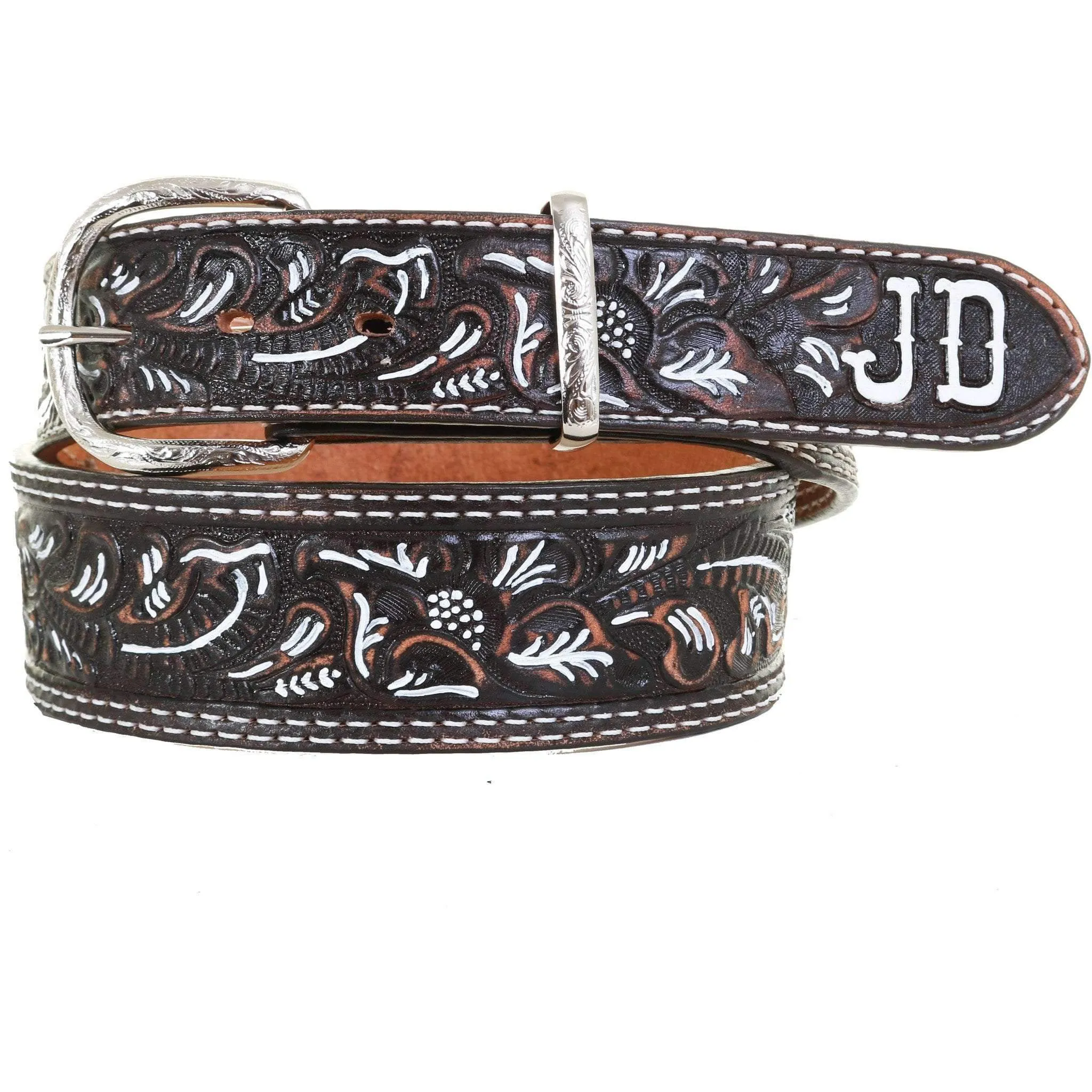 B1064B - FAST SHIP Brown Vintage Tooled Belt with Initials