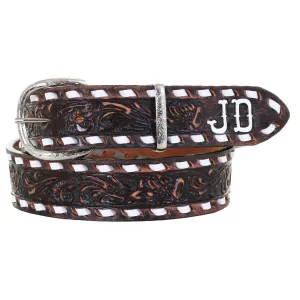 B1092 - FAST SHIP Brown Vintage Floral Tooled Belt w/Initials