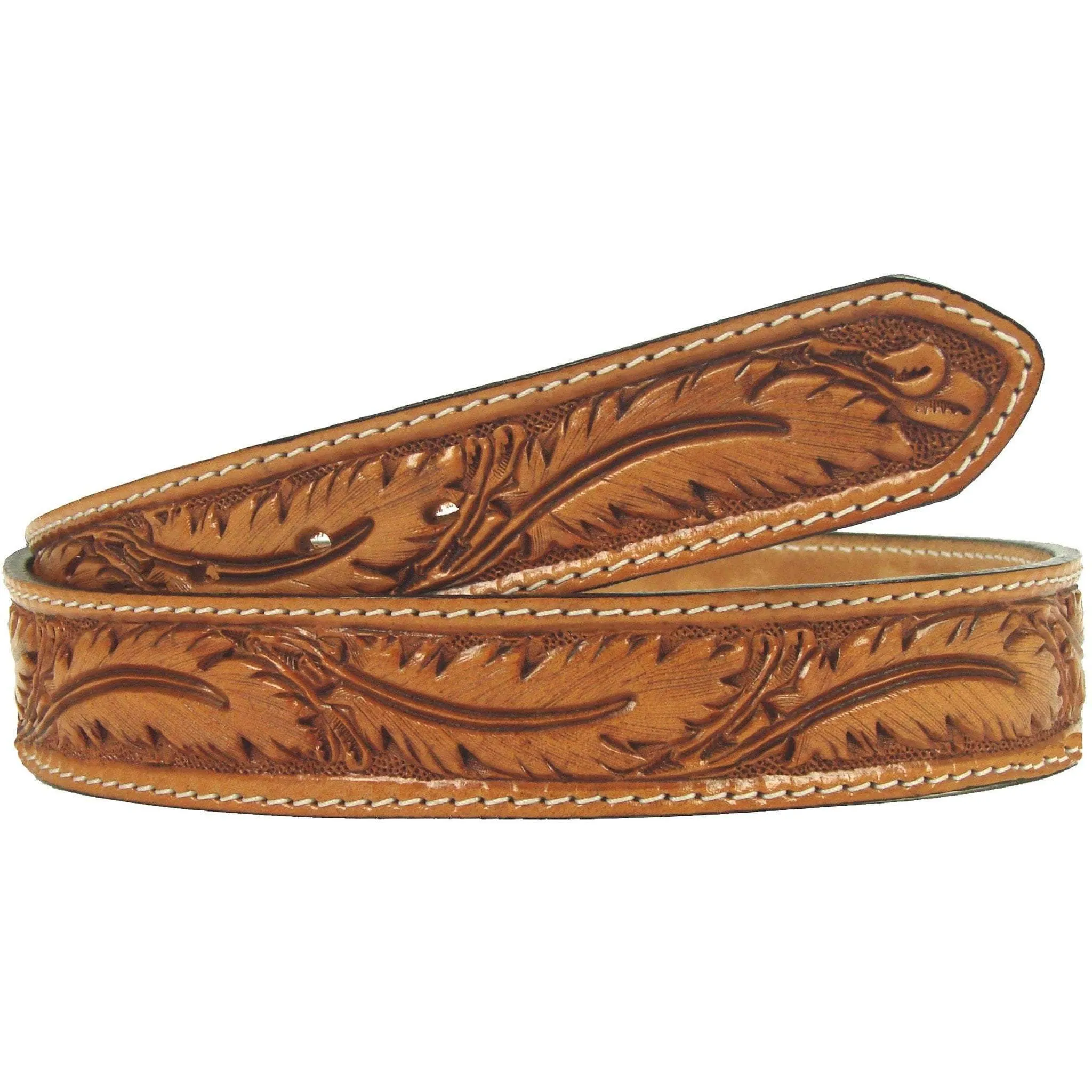 B160 - Natural Feather Tooled Stitched Belt