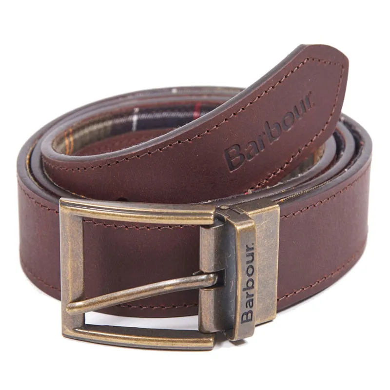 Barbour Men's Reversible Leather Belt in Classic Tartan/Brown