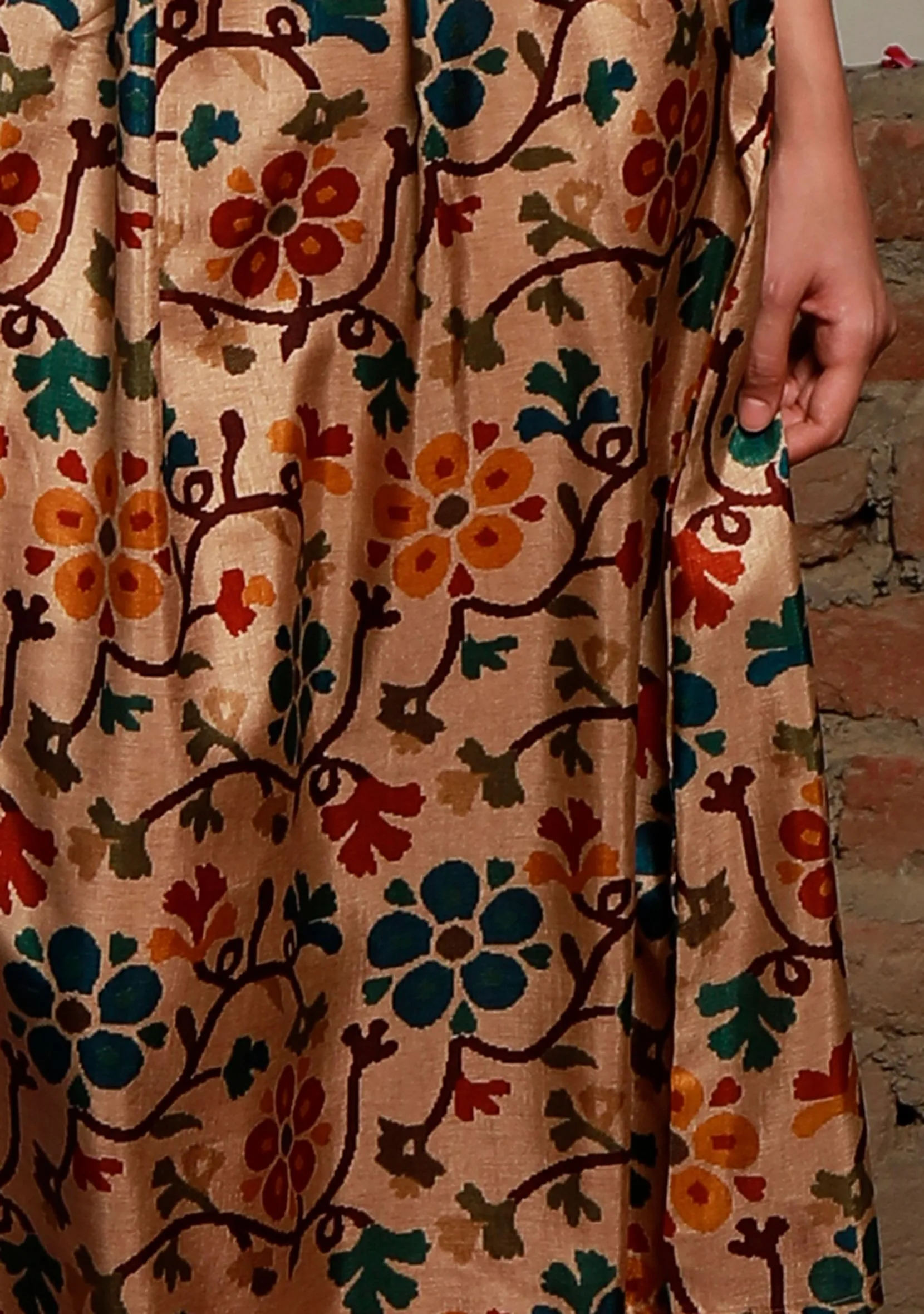 Beige Kalamkari Printed Cotton Silk Pintuck A Line Dress With Single Buckle Cruelty Free Leather Belt