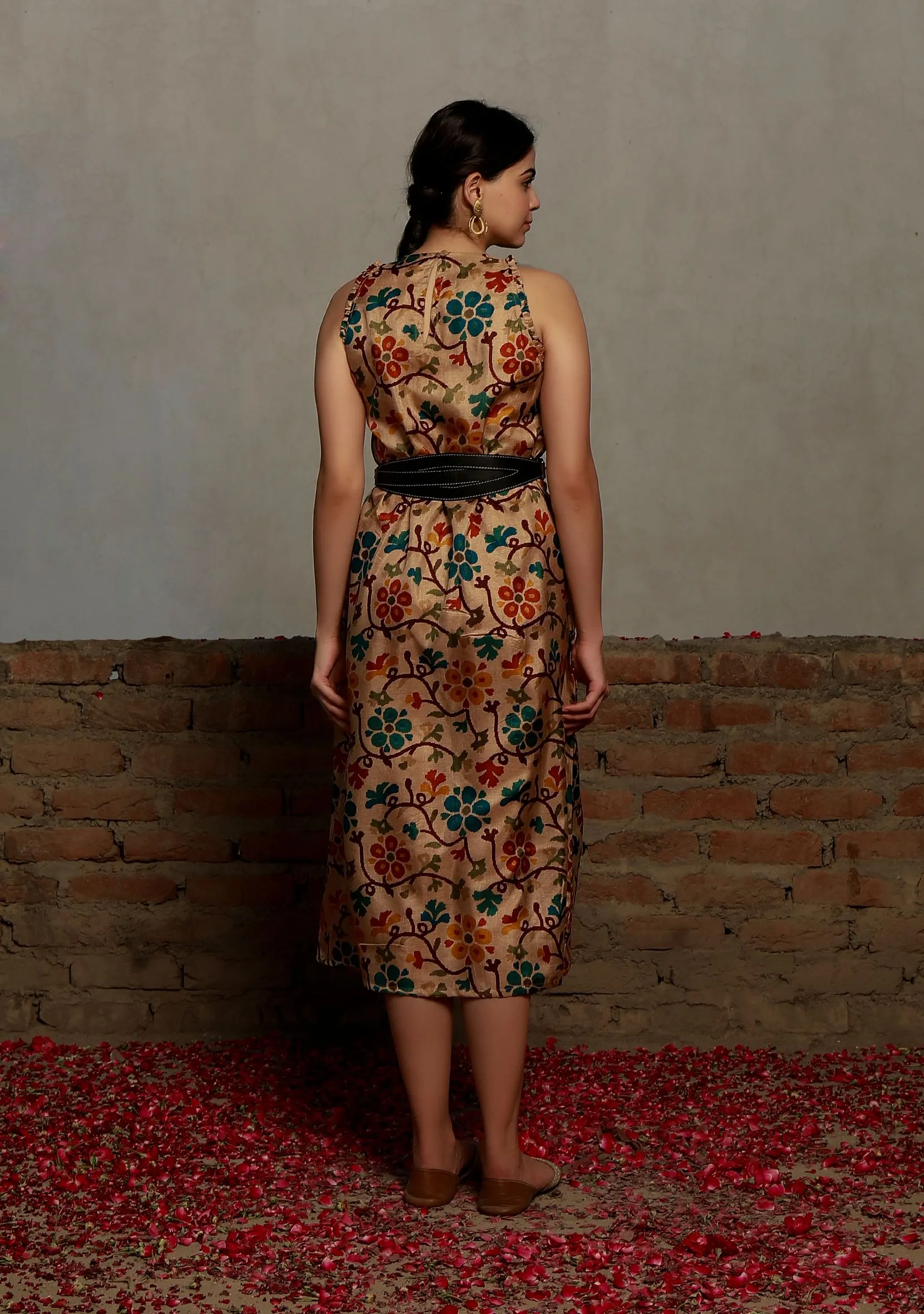 Beige Kalamkari Printed Cotton Silk Pintuck A Line Dress With Single Buckle Cruelty Free Leather Belt