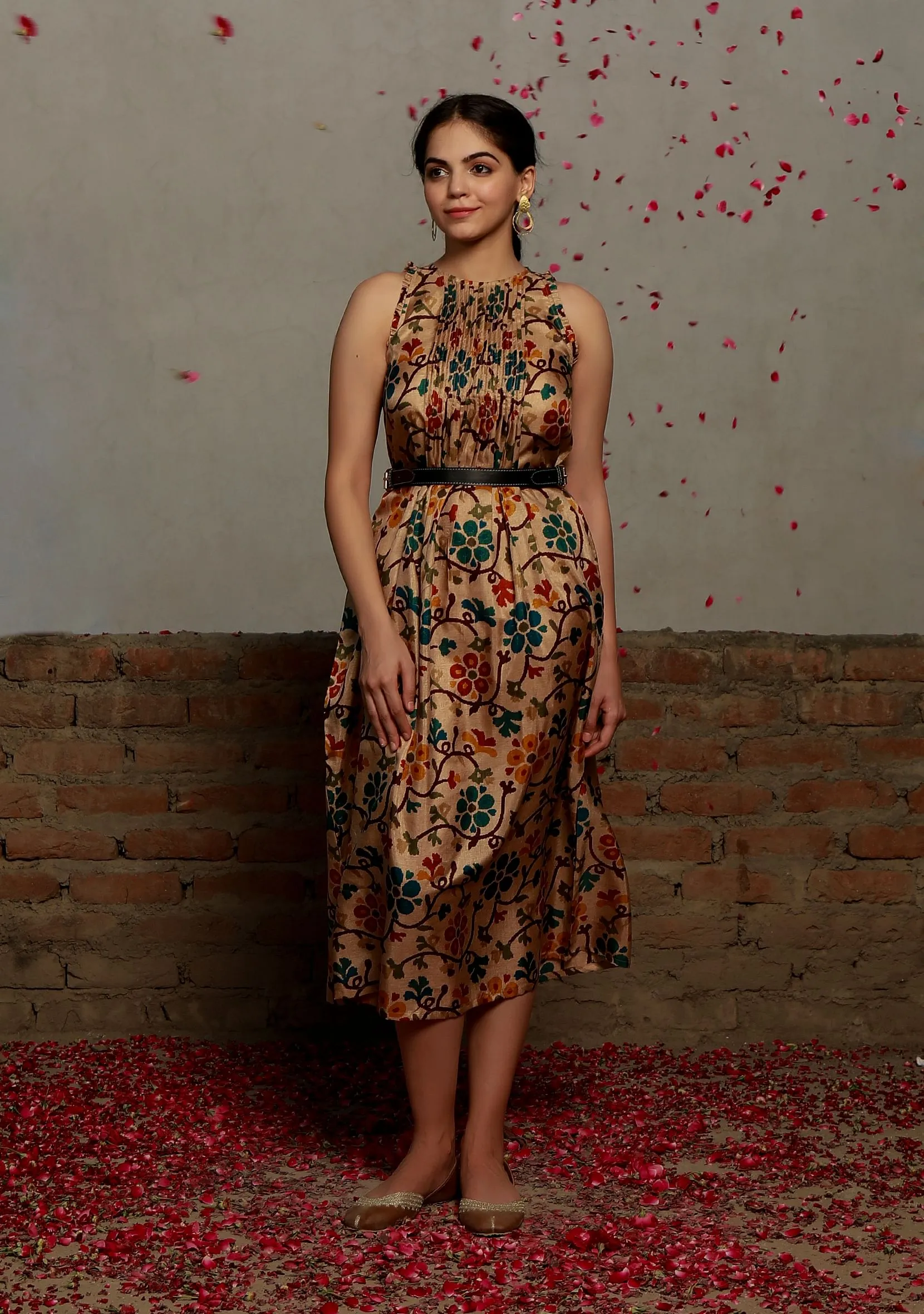 Beige Kalamkari Printed Cotton Silk Pintuck A Line Dress With Single Buckle Cruelty Free Leather Belt