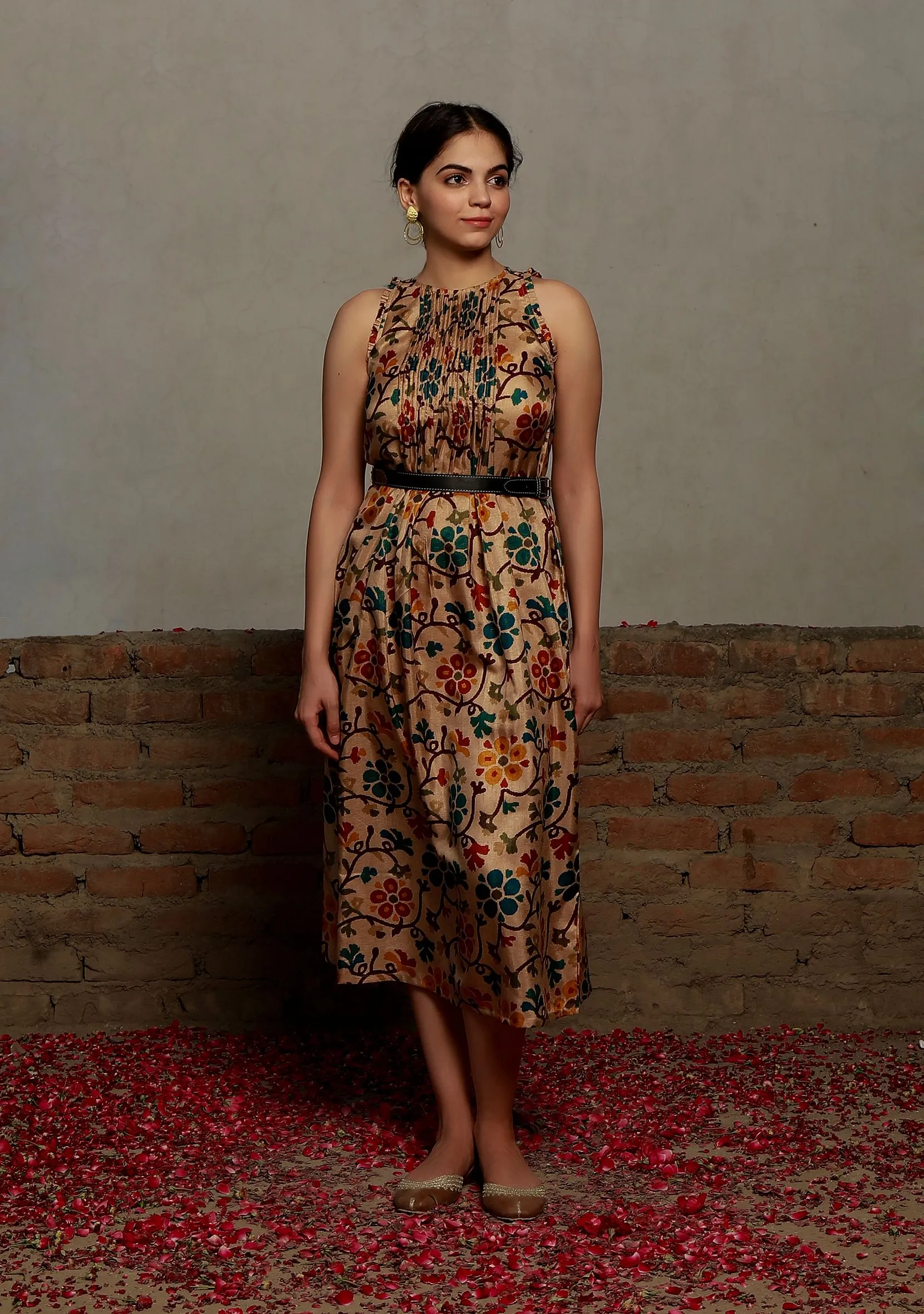 Beige Kalamkari Printed Cotton Silk Pintuck A Line Dress With Single Buckle Cruelty Free Leather Belt