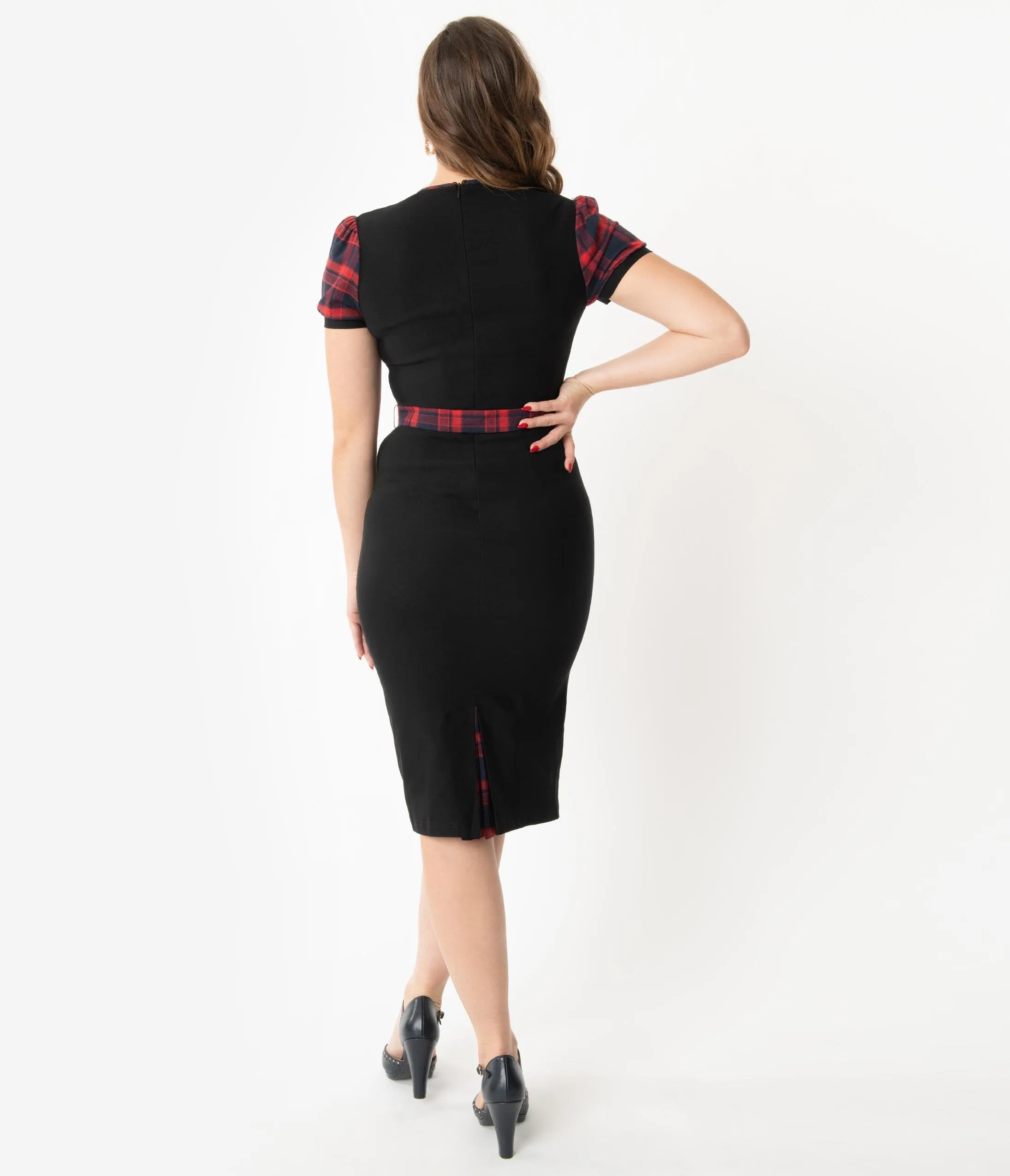 Black & Red Plaid Belted Wiggle Dress