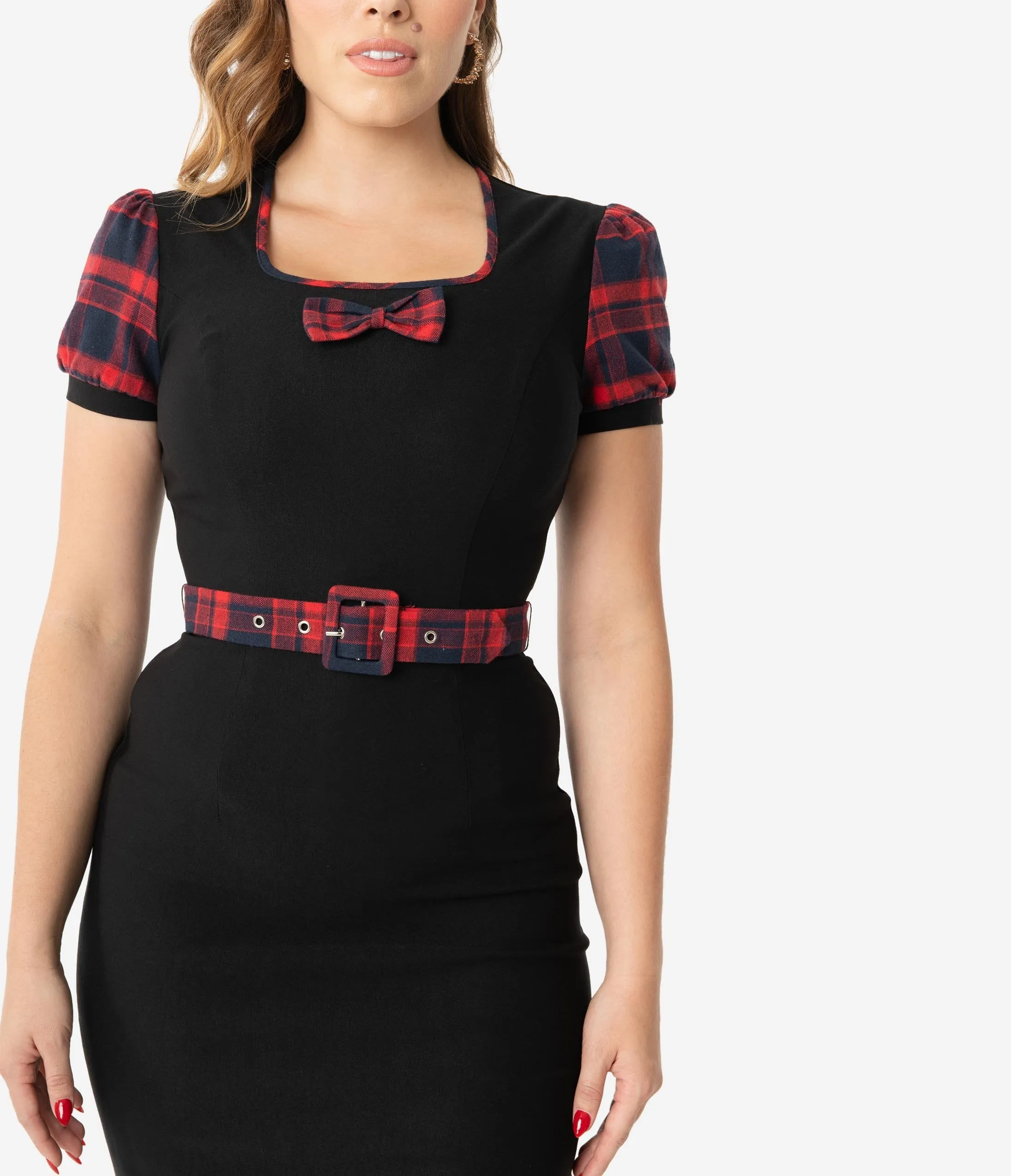 Black & Red Plaid Belted Wiggle Dress