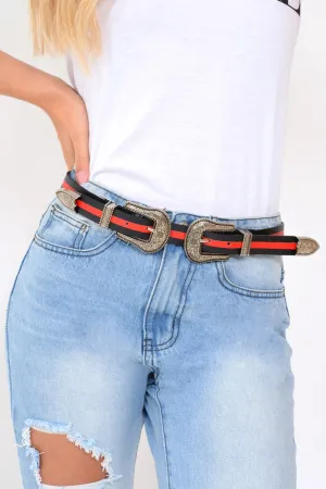 Black And Red Skinny Western Double Buckle Belt - Immogen