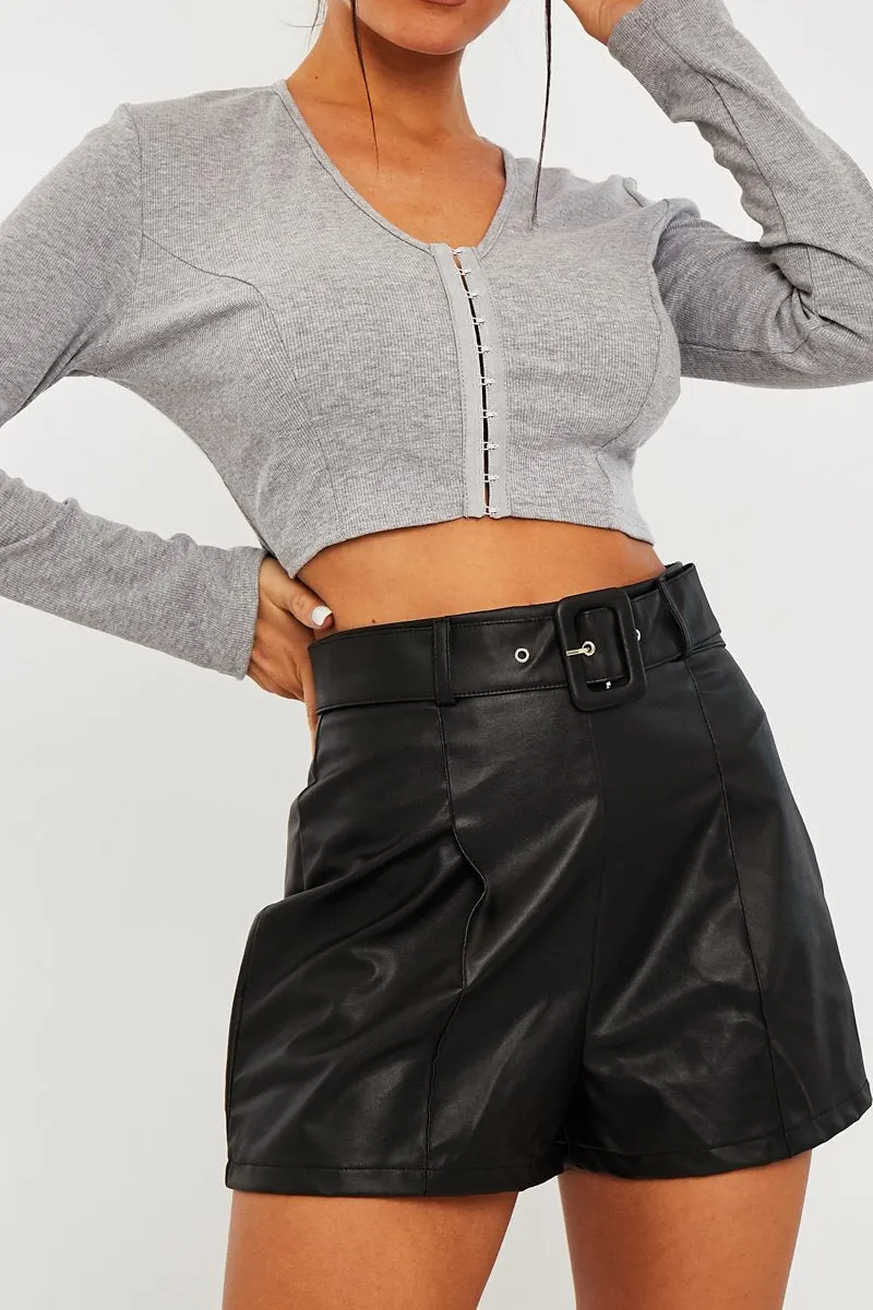 Black Faux Leather Buckle Belt Shorts - Tamra