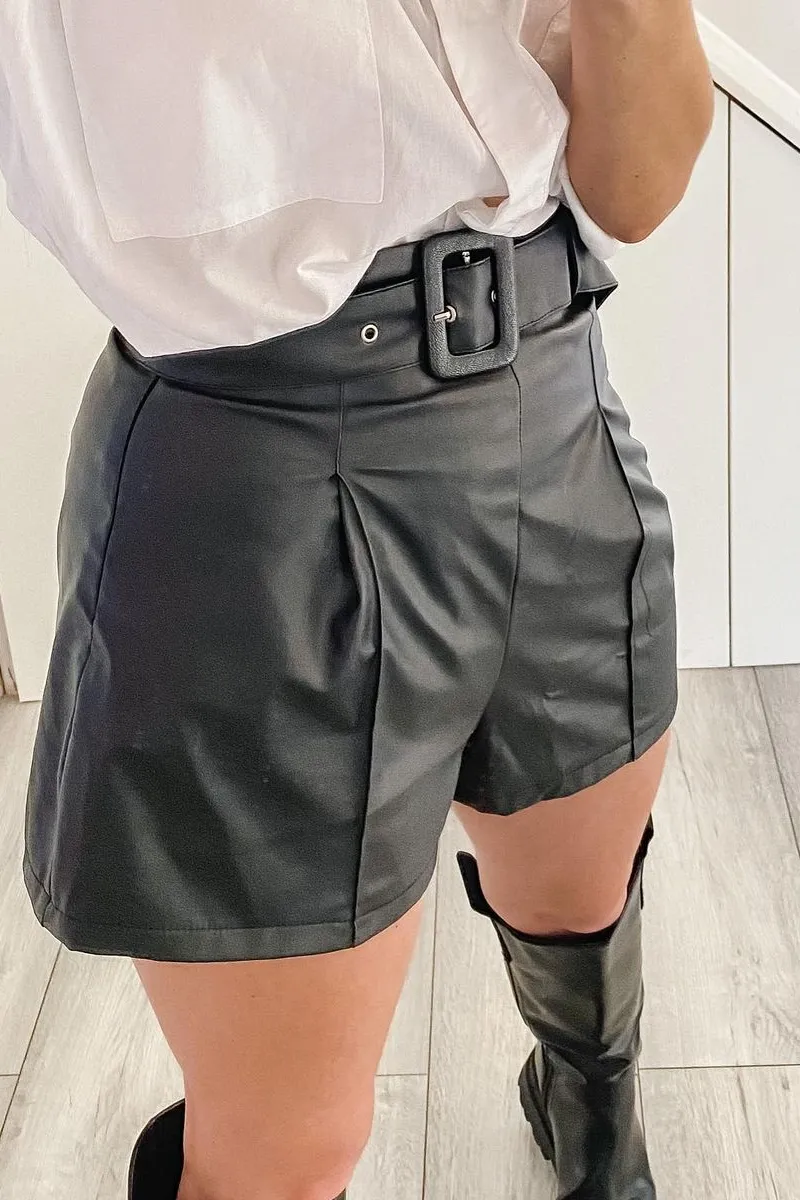 Black Faux Leather Buckle Belt Shorts - Tamra