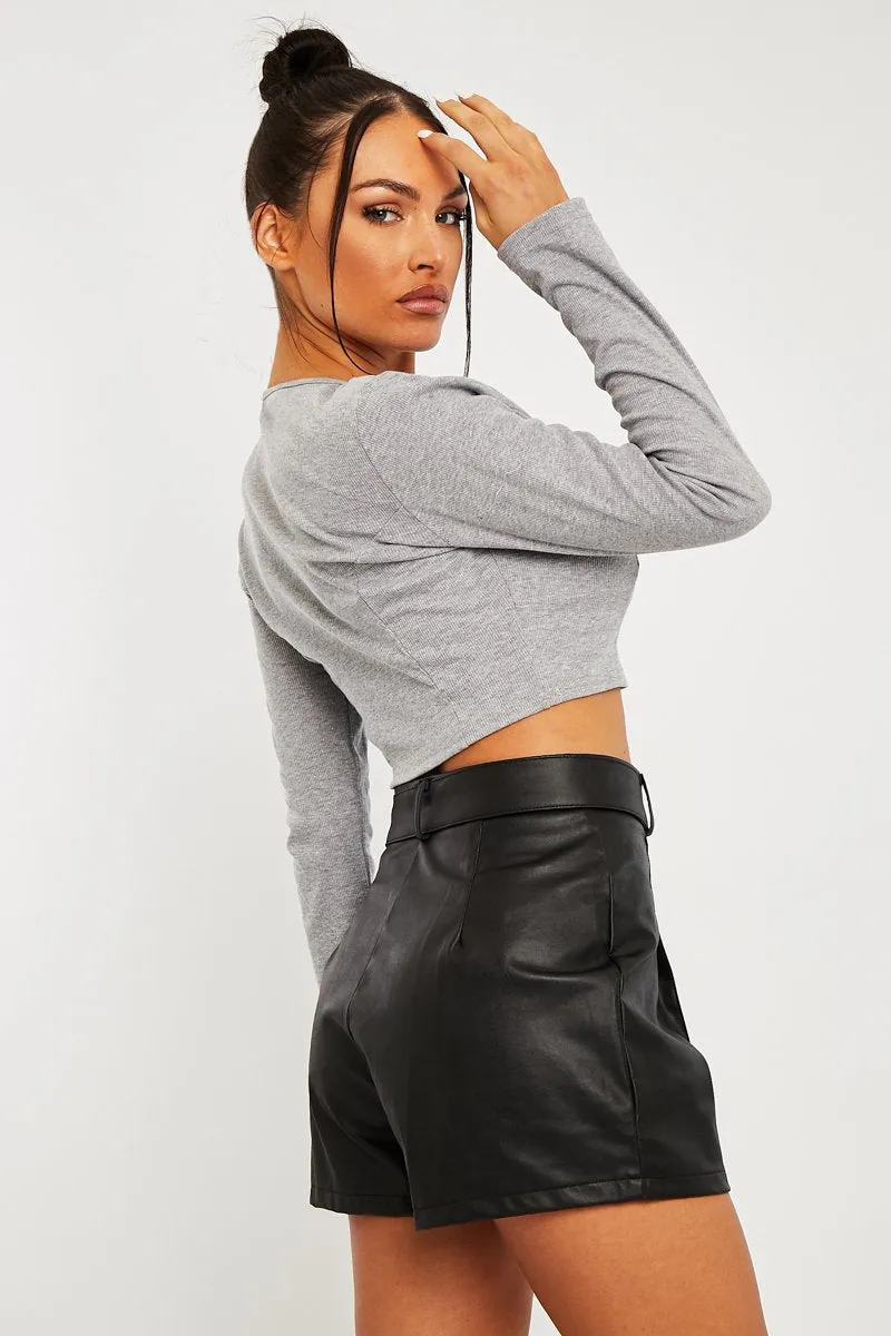 Black Faux Leather Buckle Belt Shorts - Tamra