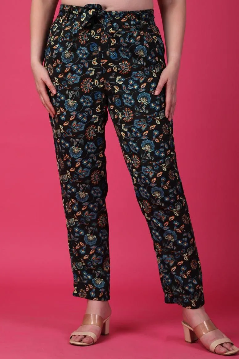 Black Floral Printed Pants with Belt