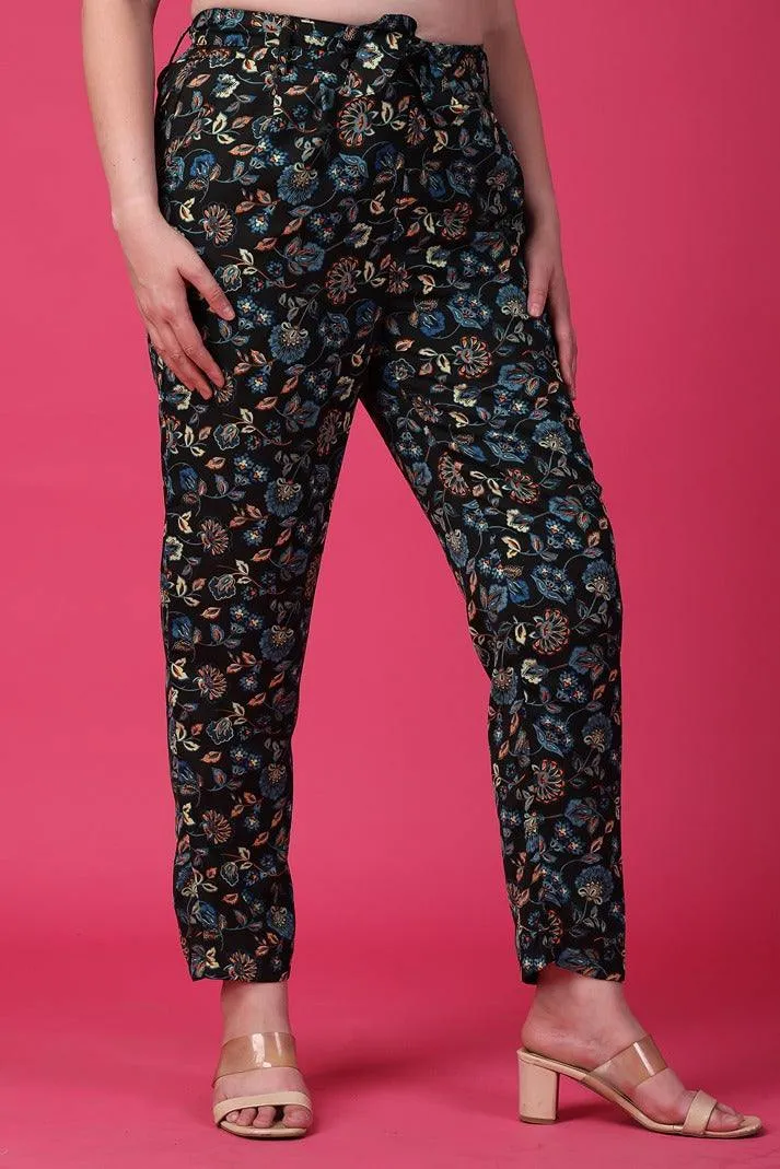 Black Floral Printed Pants with Belt