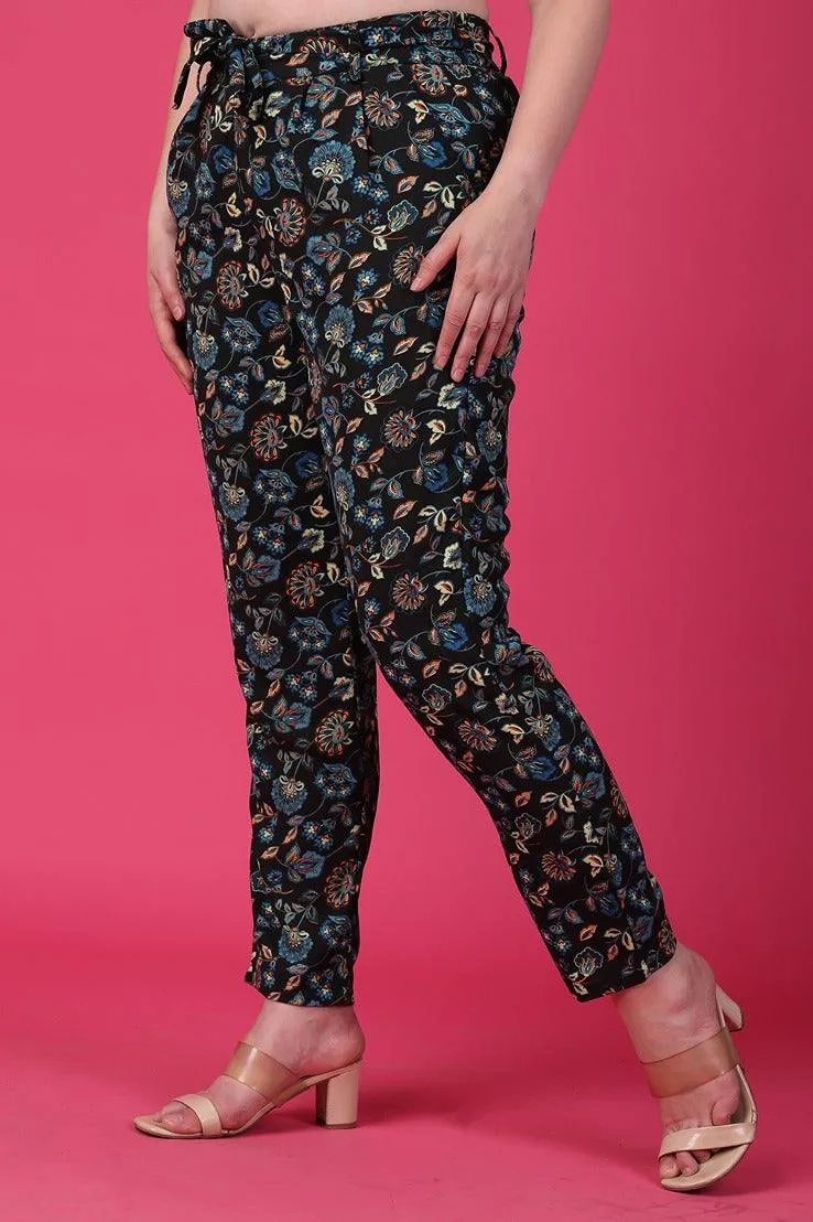 Black Floral Printed Pants with Belt