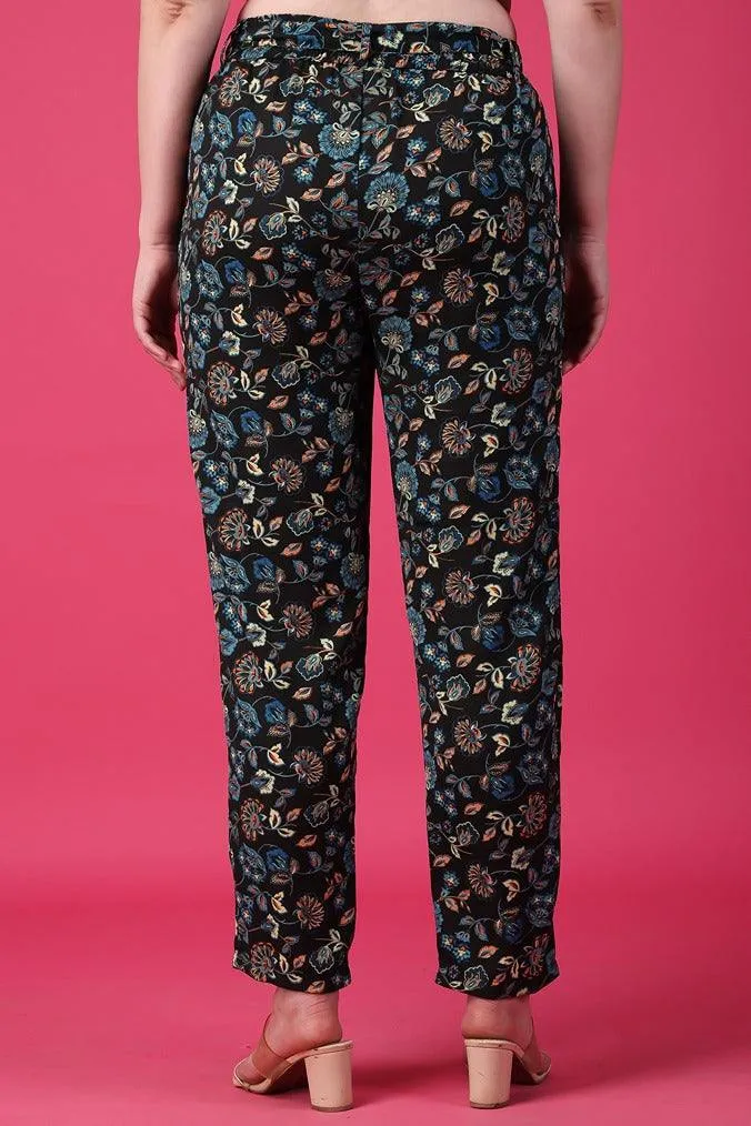 Black Floral Printed Pants with Belt