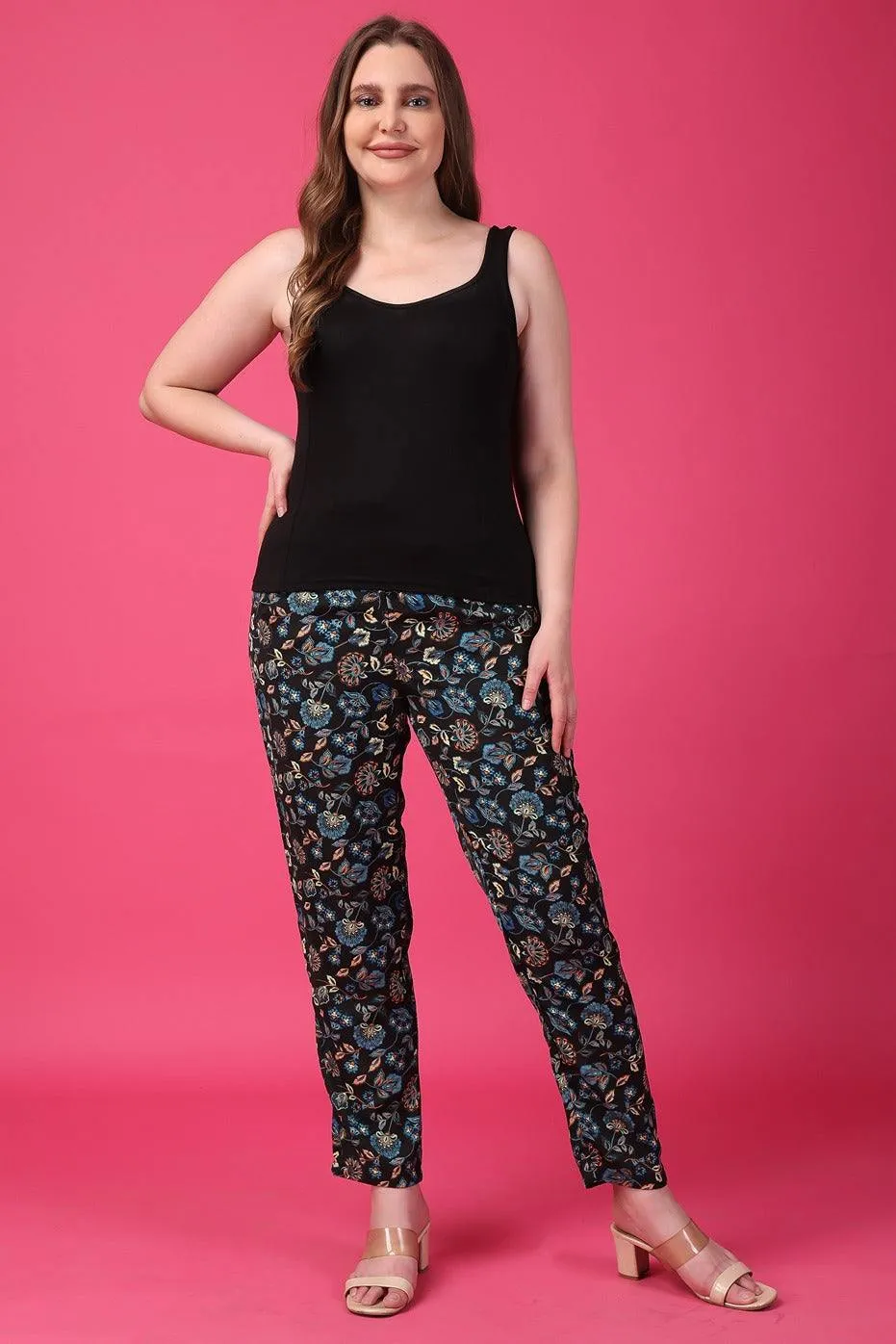 Black Floral Printed Pants with Belt