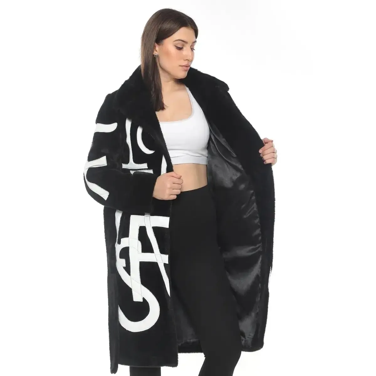 Black Lama Wool Knee-Length Coat with Mink Fur Collar & Letter Design