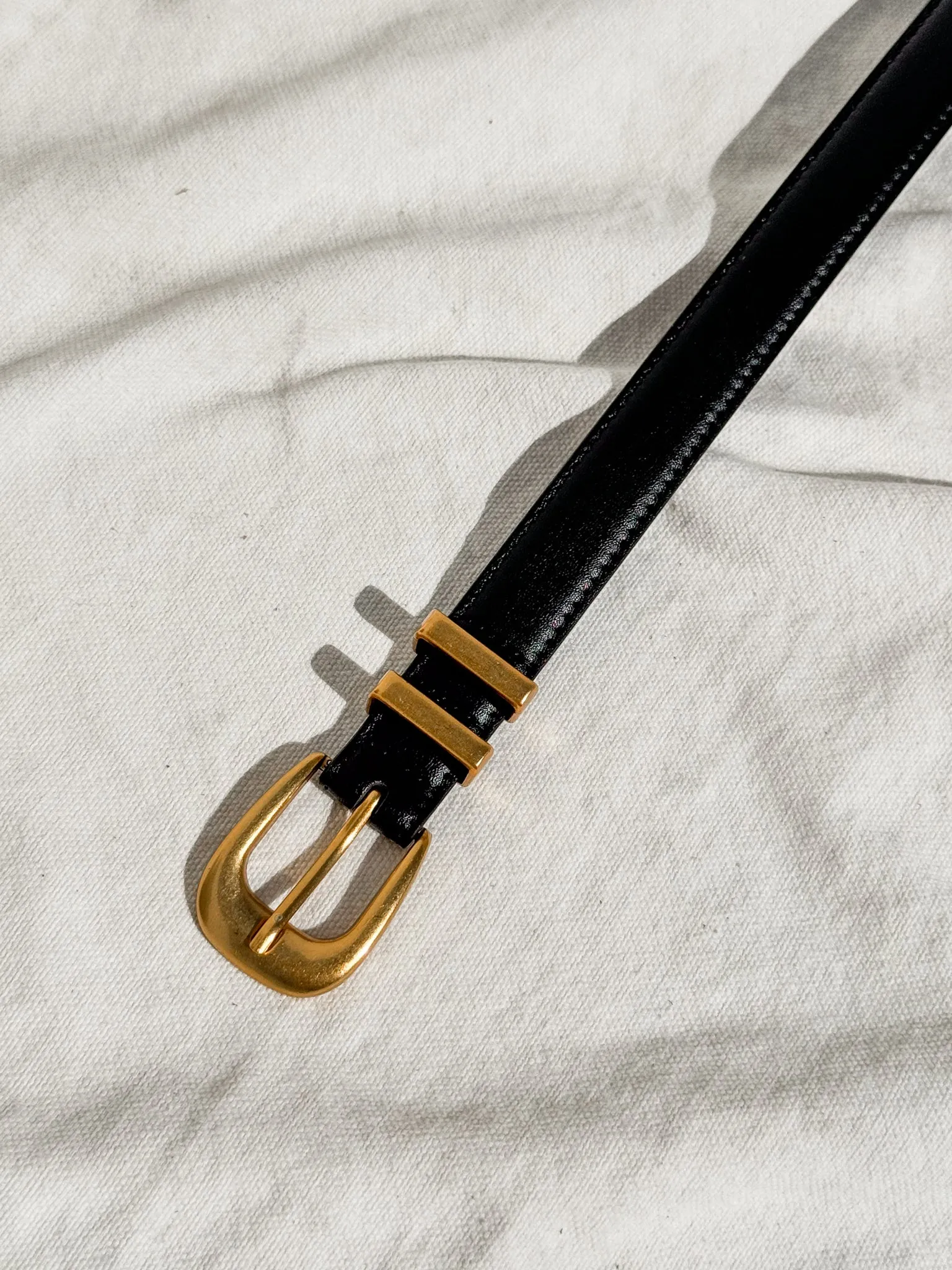 Black Skinny Leather Belt with Gold Buckle