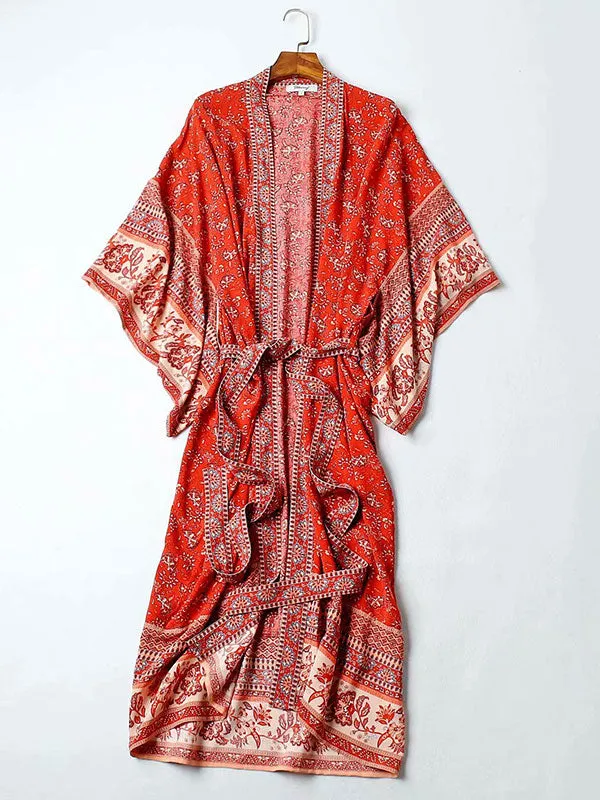 Bride To Be Floral Print Red Cotton Viscose Long Length Gown Kimono