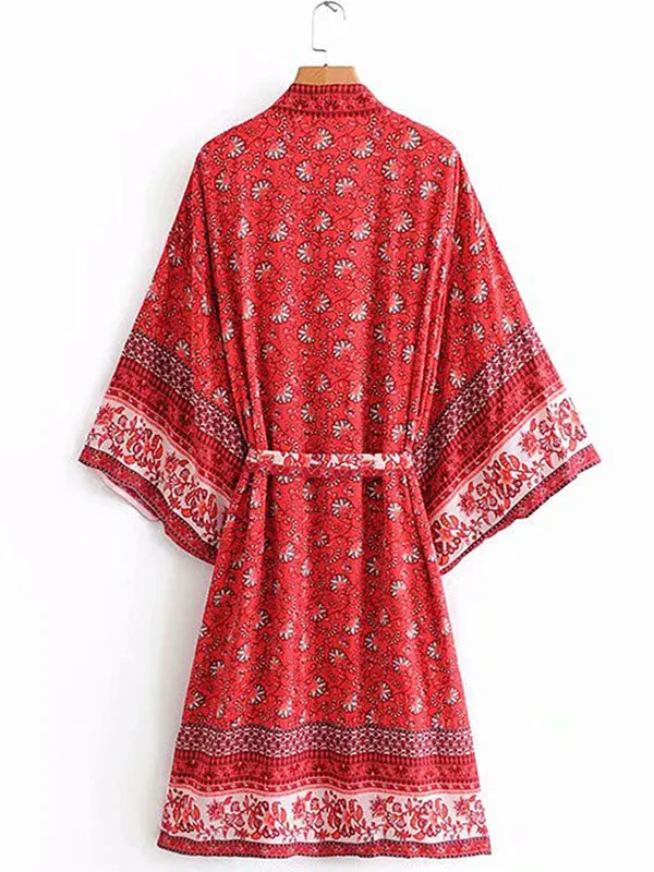 Bride To Be Floral Print Red Cotton Viscose Long Length Gown Kimono