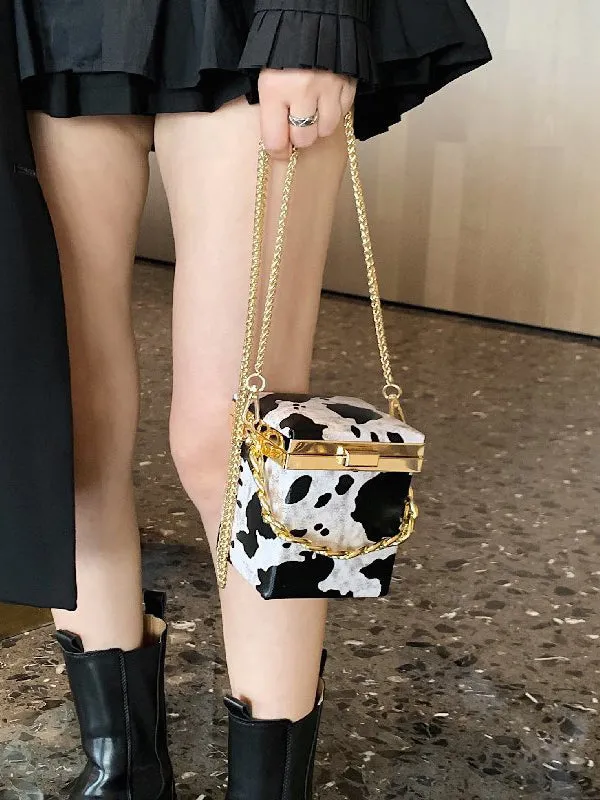 Chains Cow Printed Crossbody Bags