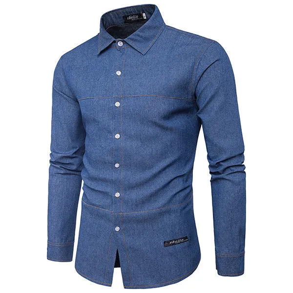 Denim Designer Shirts for Men Casaul Stylish Solid Color Band Collar