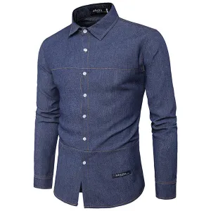 Denim Designer Shirts for Men Casaul Stylish Solid Color Band Collar