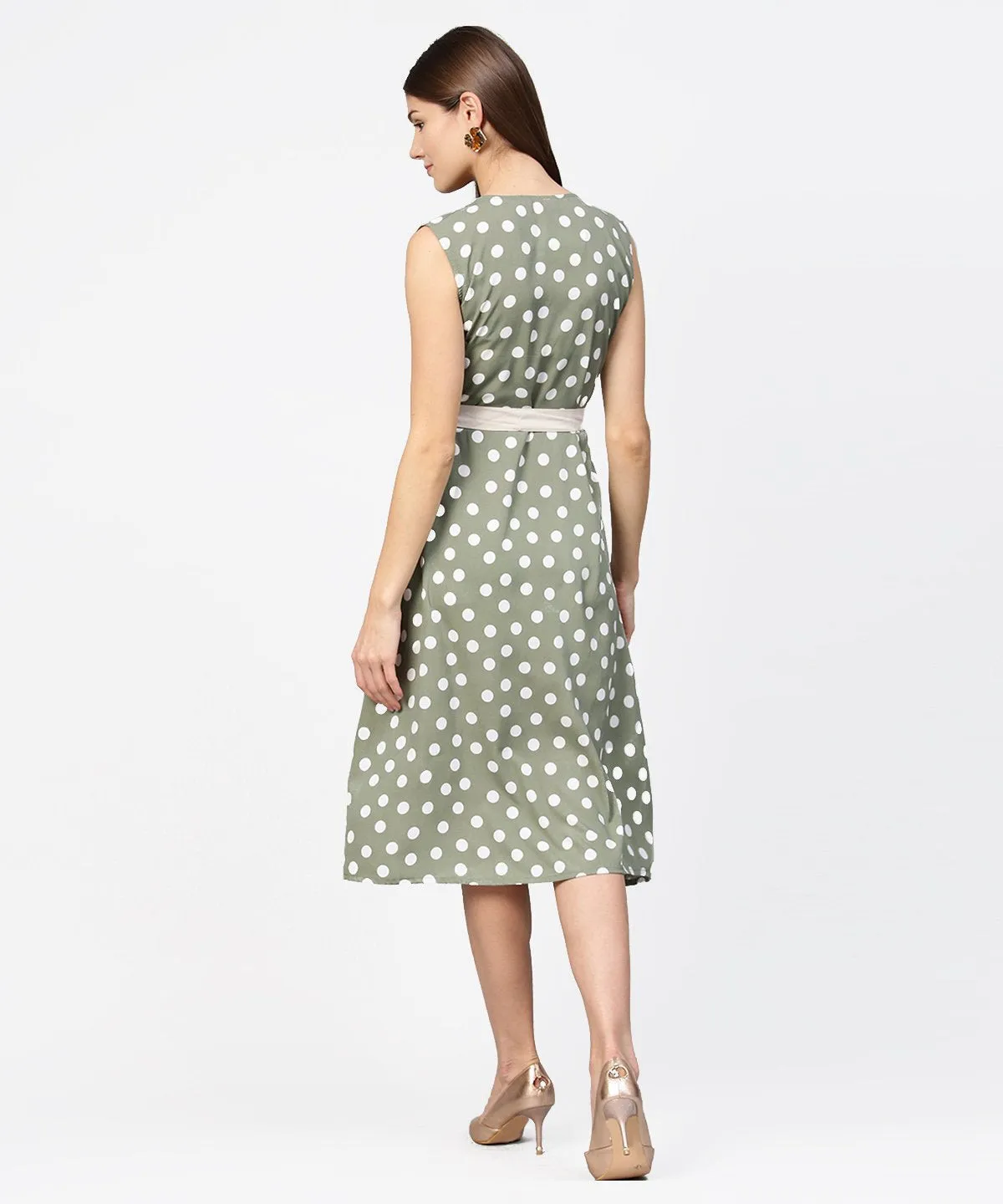 Green Polka Dot Printed Sleeveless A-Line Dress With Belt