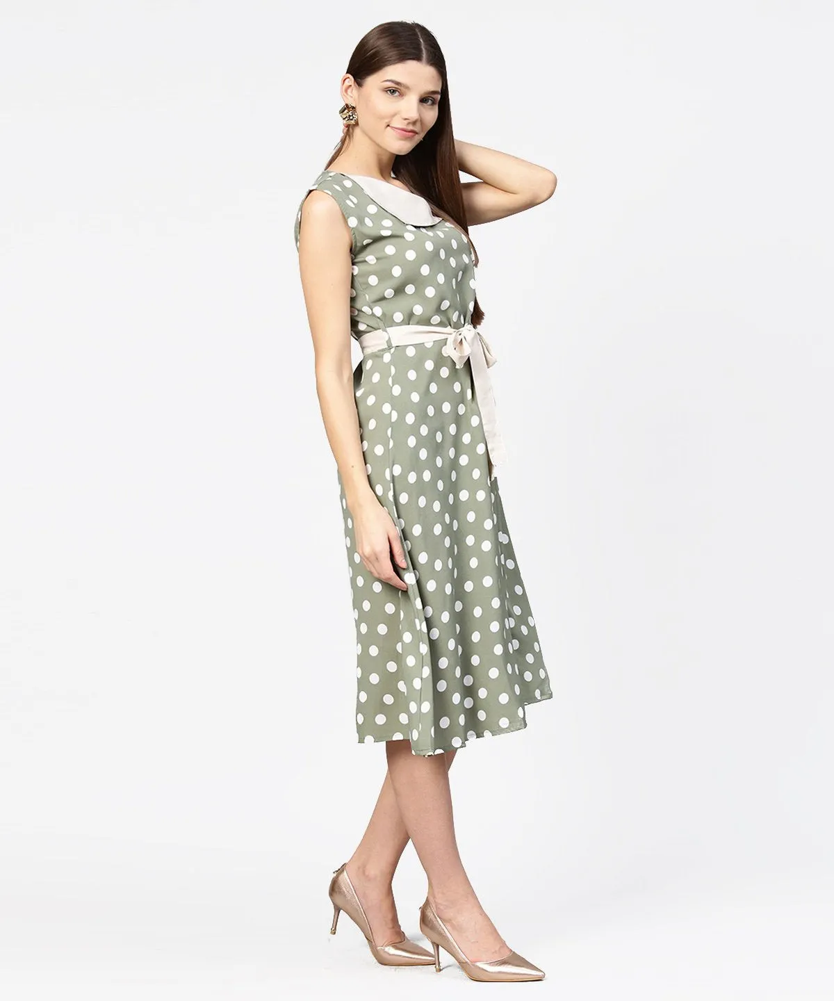 Green Polka Dot Printed Sleeveless A-Line Dress With Belt