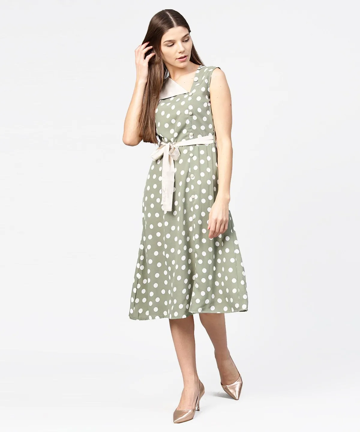 Green Polka Dot Printed Sleeveless A-Line Dress With Belt