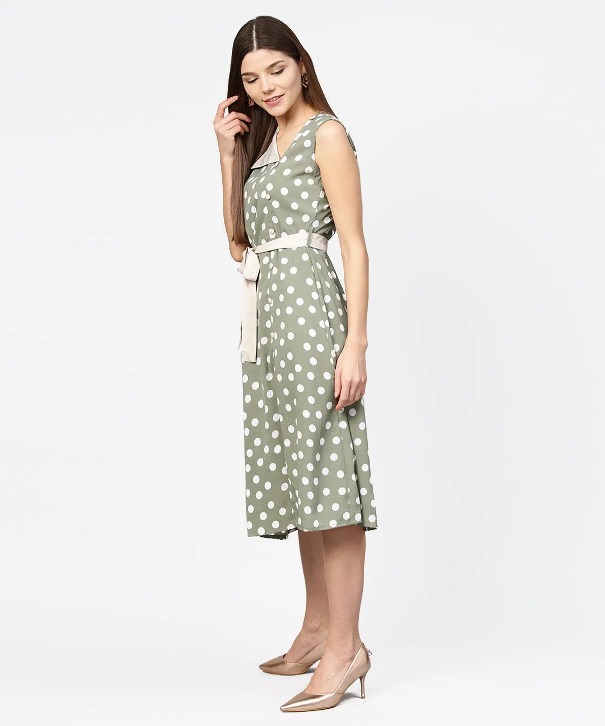 Green Polka Dot Printed Sleeveless A-Line Dress With Belt