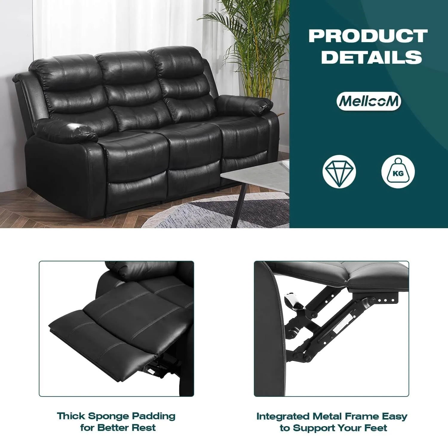 Homrest Manual 3 seater Recliner Sofa Set Home Theater Seating Reclining Couch, Black