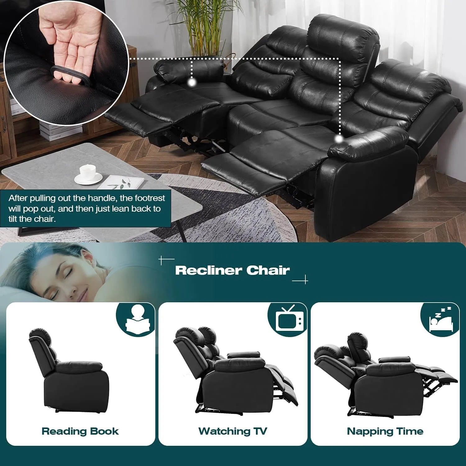 Homrest Manual 3 seater Recliner Sofa Set Home Theater Seating Reclining Couch, Black