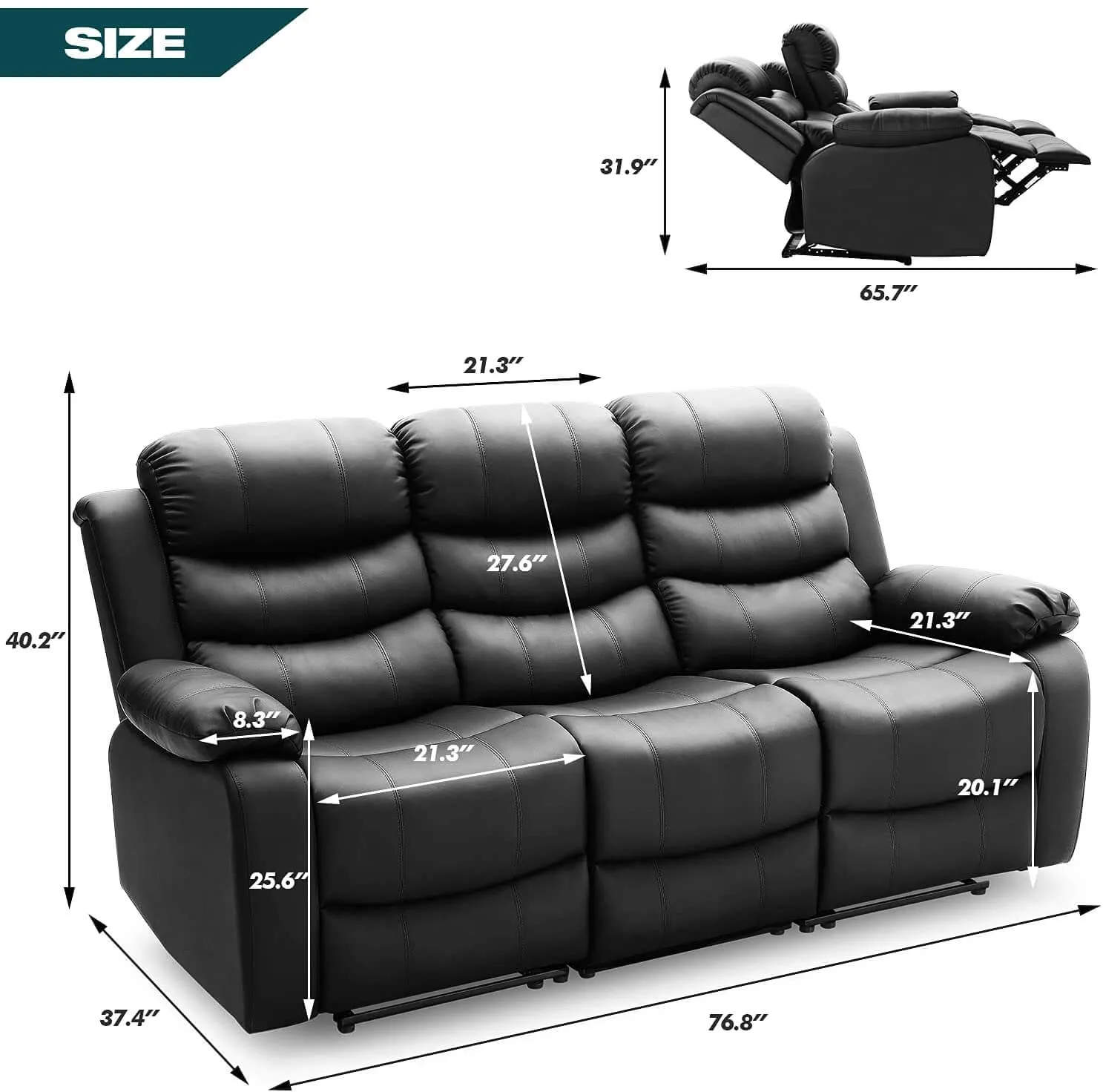 Homrest Manual 3 seater Recliner Sofa Set Home Theater Seating Reclining Couch, Black