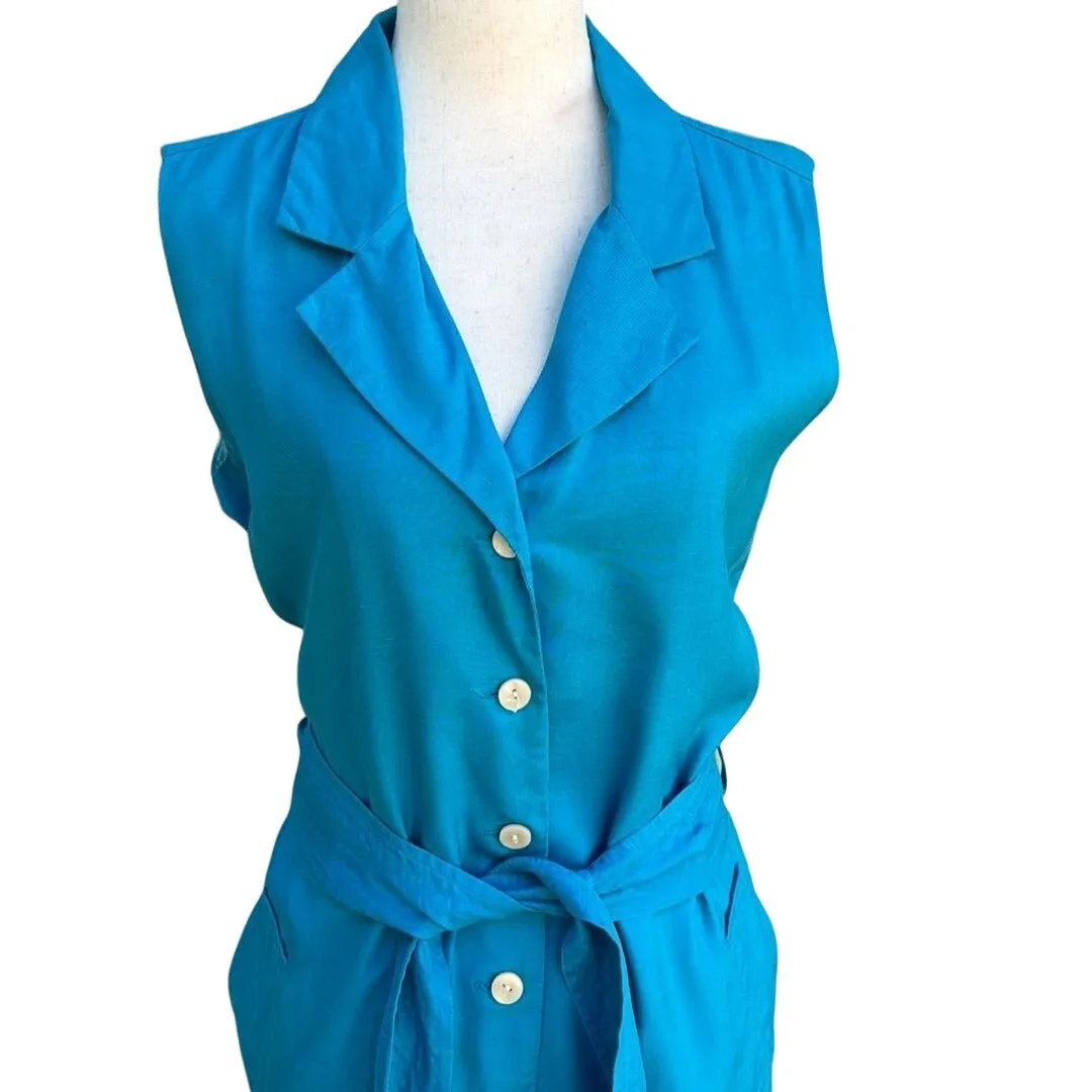 Jacqueline Ferrar Vintage Silk Linen Sleeveless Teal Button-Down Belted Dress 14