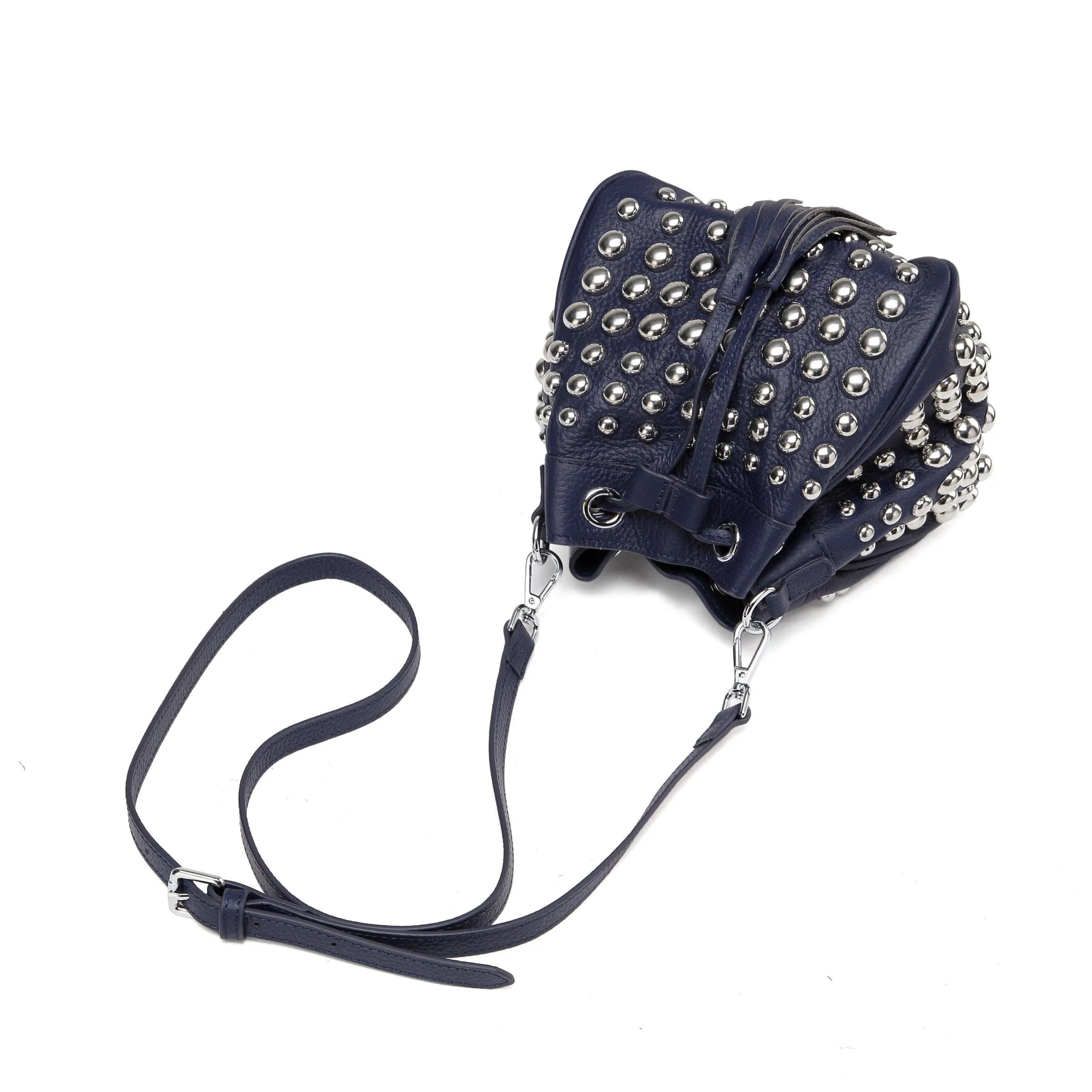 Jolyn Studded Leather Bucket Crossbody - Navy Blue