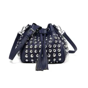 Jolyn Studded Leather Bucket Crossbody - Navy Blue