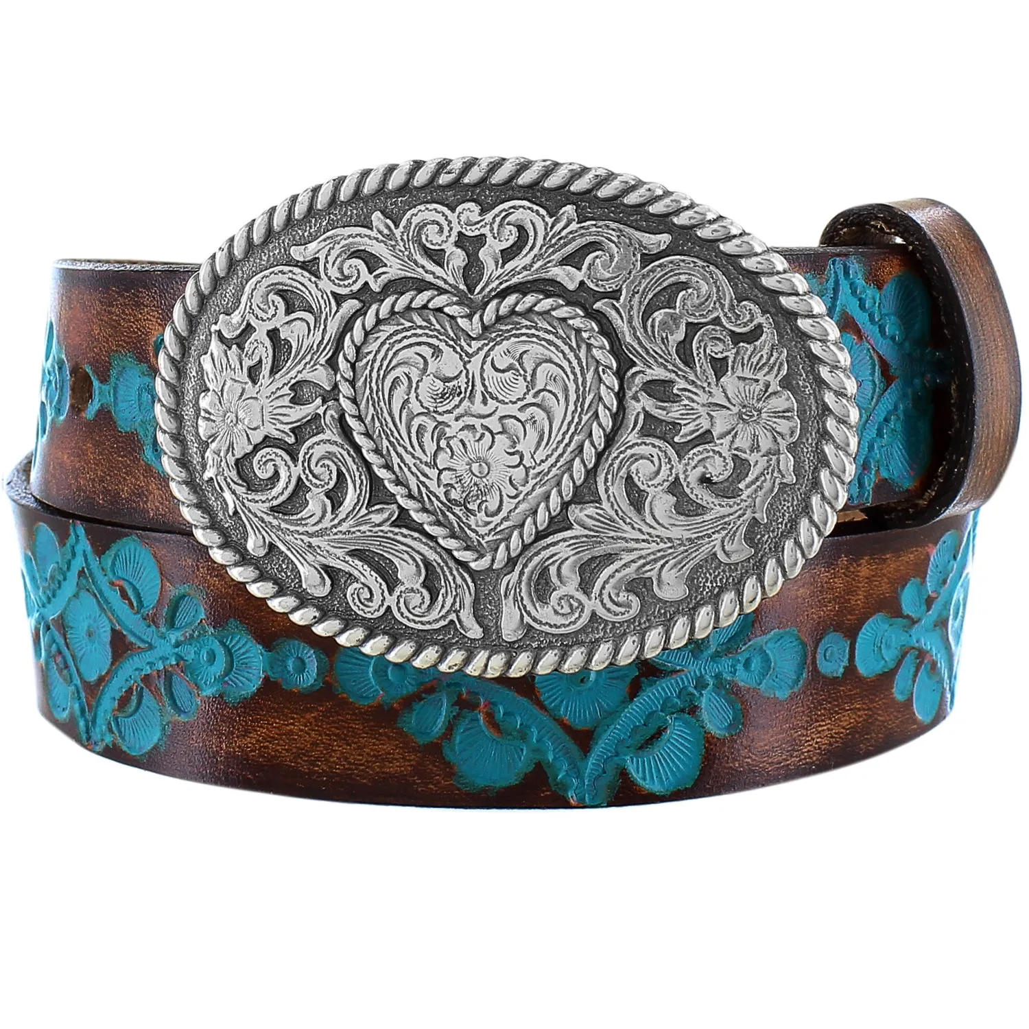 Justin Brown/Turquoise Floral Hope Belt with Tooled Heart Buckle for Girls