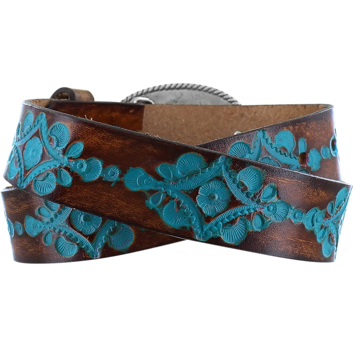 Justin Brown/Turquoise Floral Hope Belt with Tooled Heart Buckle for Girls