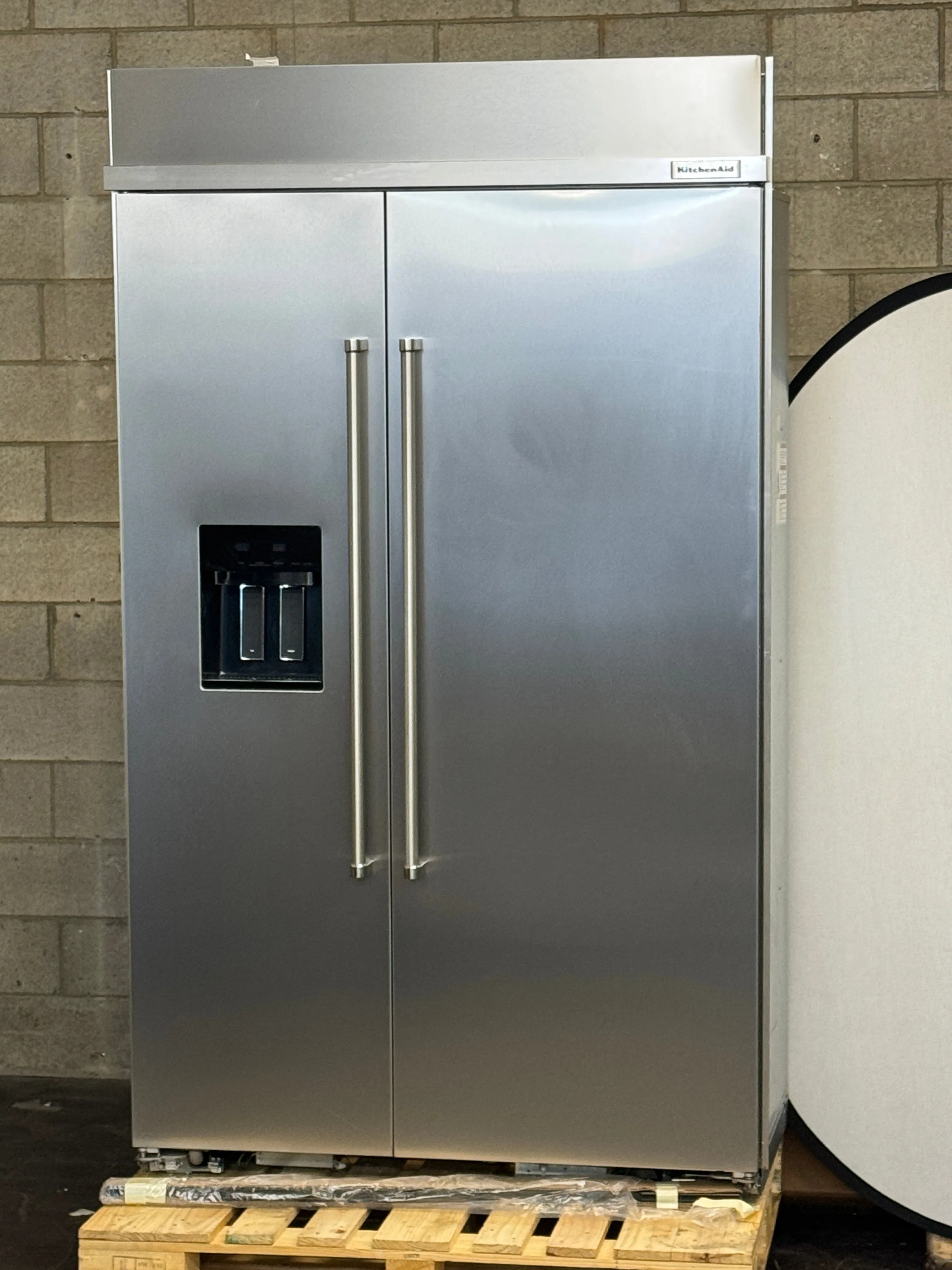 KitchenAid KBSD708MPS 48 Inch Built-In Side-by-Side Refrigerator with 29.4 cu. ft. Capacity, 4 Shelves, FreshChill™ Drawer, ExtendFresh™ Plus, Exterior Ice/Water Dispenser, ENERGY STAR®, and Star-K: Stainless Steel with PrintShield™ Finish