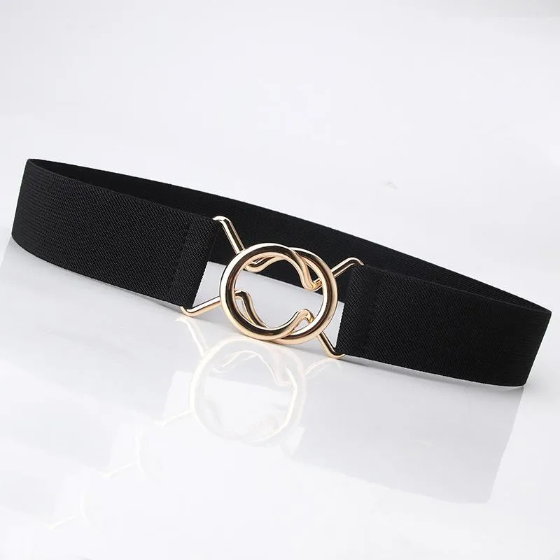 Ladies Solid Color Elastic Belt Gold Round Buckle Belt Fashion Belt Dress Jacket