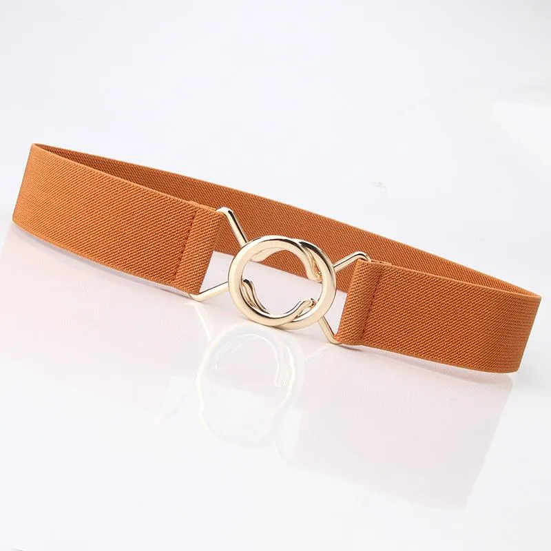 Ladies Solid Color Elastic Belt Gold Round Buckle Belt Fashion Belt Dress Jacket