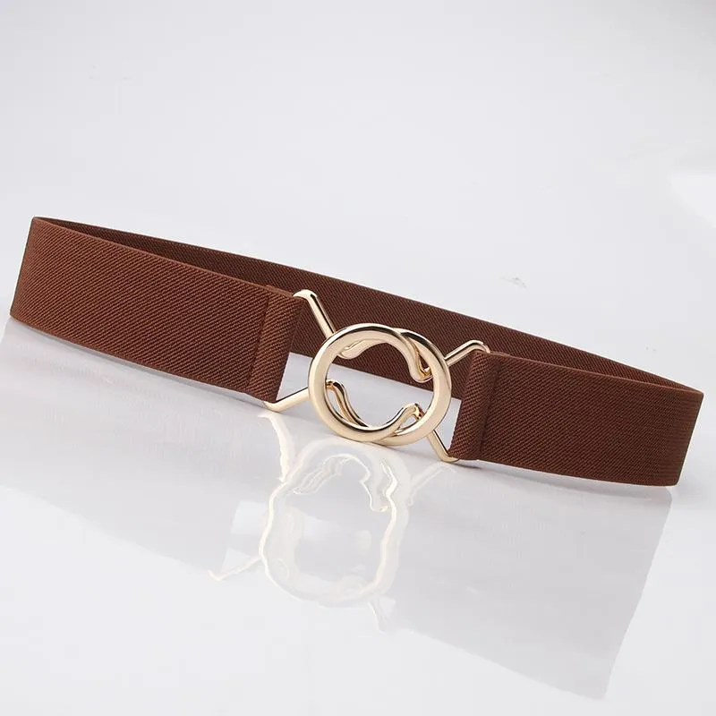 Ladies Solid Color Elastic Belt Gold Round Buckle Belt Fashion Belt Dress Jacket